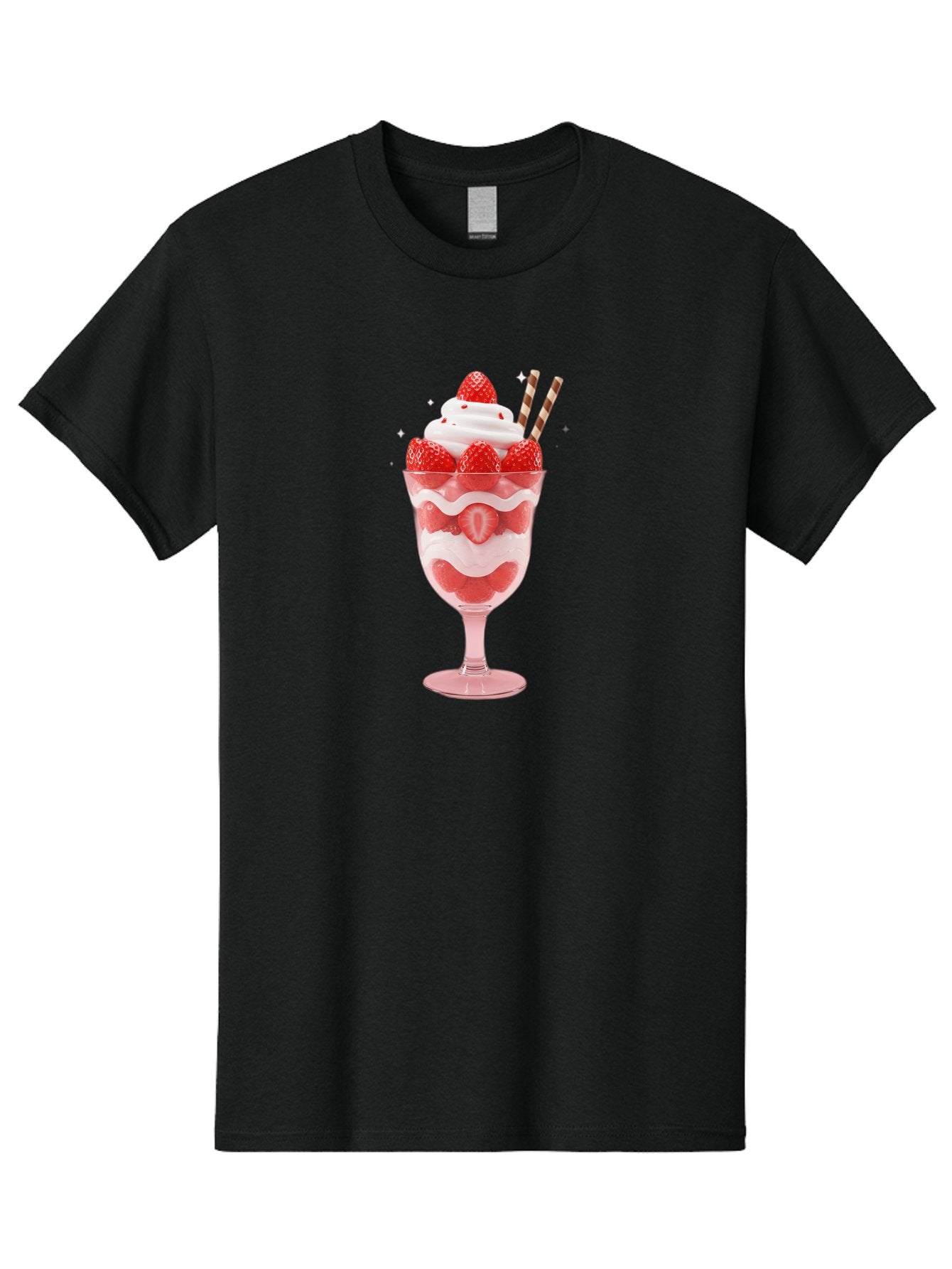 Strawberry-Sundae Men'S Graphic Tee, 100% Cotton, Comfortable Casual Summer Wear, Machine Washable, Strawberry Dessert, Sweet Treat, Layered Parfait, Whipped Cream Topping, Fresh Strawberries, Red And White Colors, Striped Straws, Bac485 13