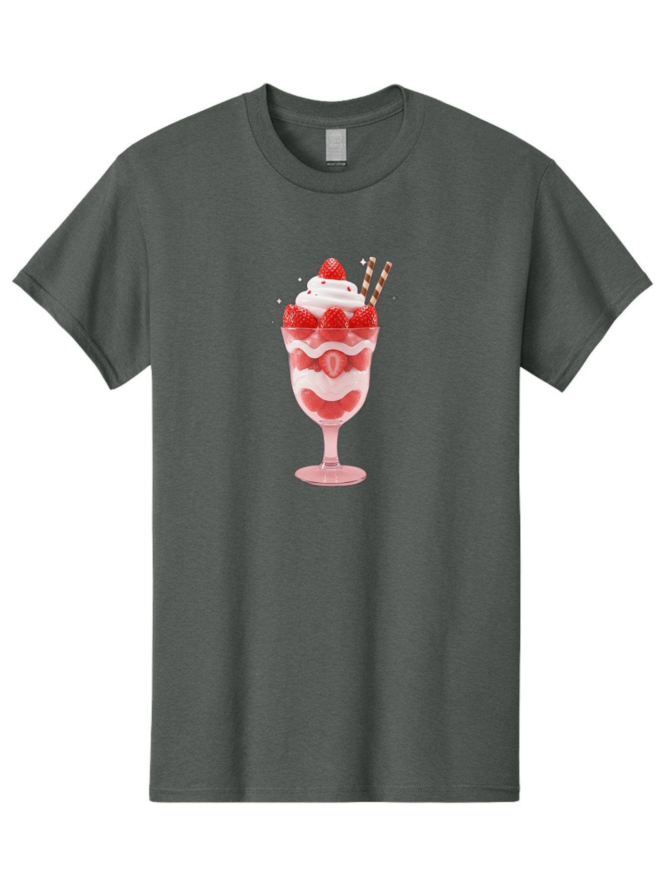 Strawberry-Sundae Men'S Graphic Tee, 100% Cotton, Comfortable Casual Summer Wear, Machine Washable, Strawberry Dessert, Sweet Treat, Layered Parfait, Whipped Cream Topping, Fresh Strawberries, Red And White Colors, Striped Straws, Bac485 10