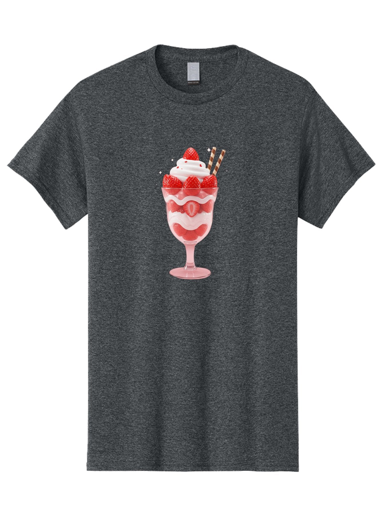 Strawberry-Sundae Men'S Graphic Tee, 100% Cotton, Comfortable Casual Summer Wear, Machine Washable, Strawberry Dessert, Sweet Treat, Layered Parfait, Whipped Cream Topping, Fresh Strawberries, Red And White Colors, Striped Straws, Bac485