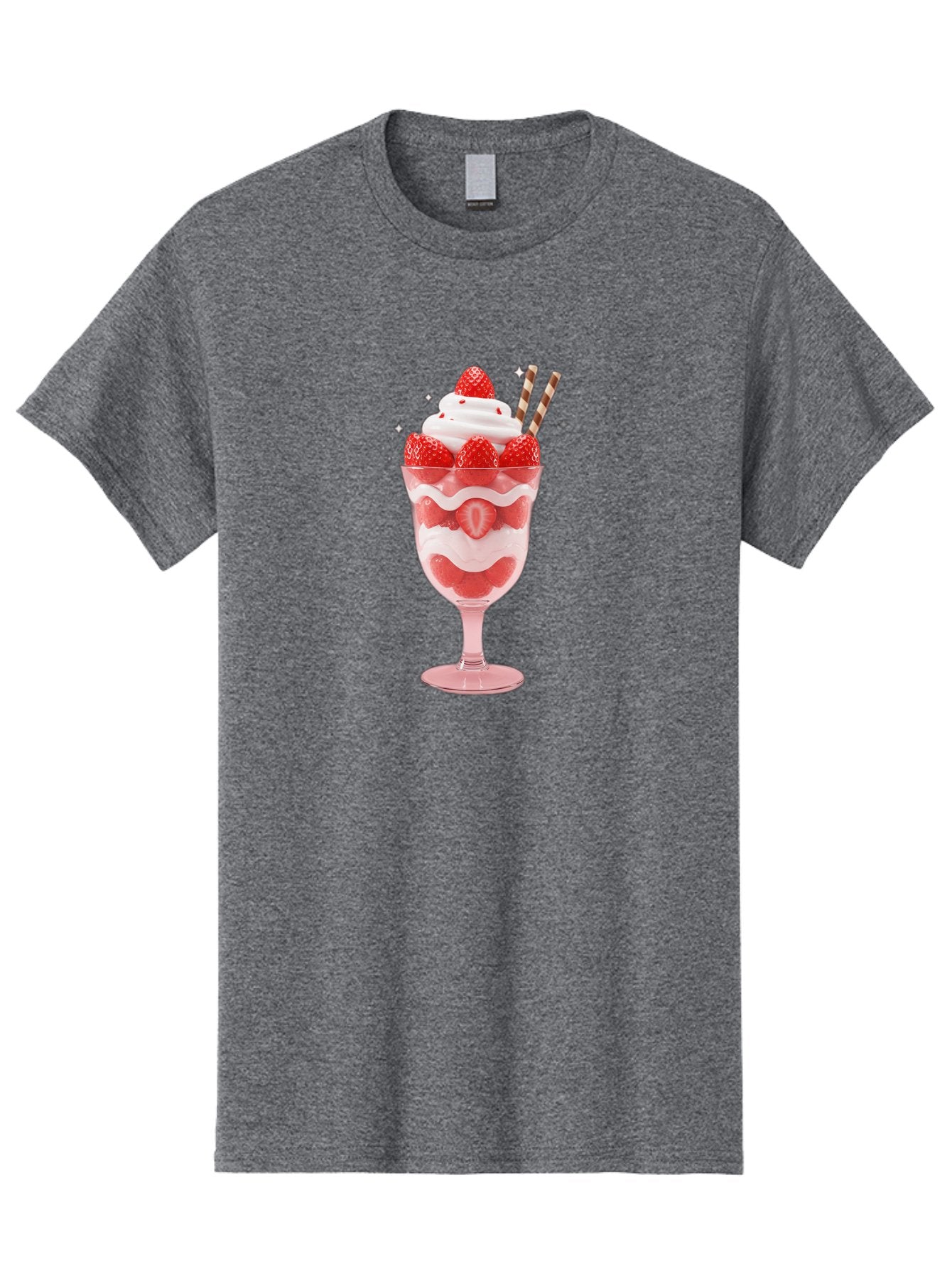 Strawberry-Sundae Men'S Graphic Tee, 100% Cotton, Comfortable Casual Summer Wear, Machine Washable, Strawberry Dessert, Sweet Treat, Layered Parfait, Whipped Cream Topping, Fresh Strawberries, Red And White Colors, Striped Straws, Bac485 12