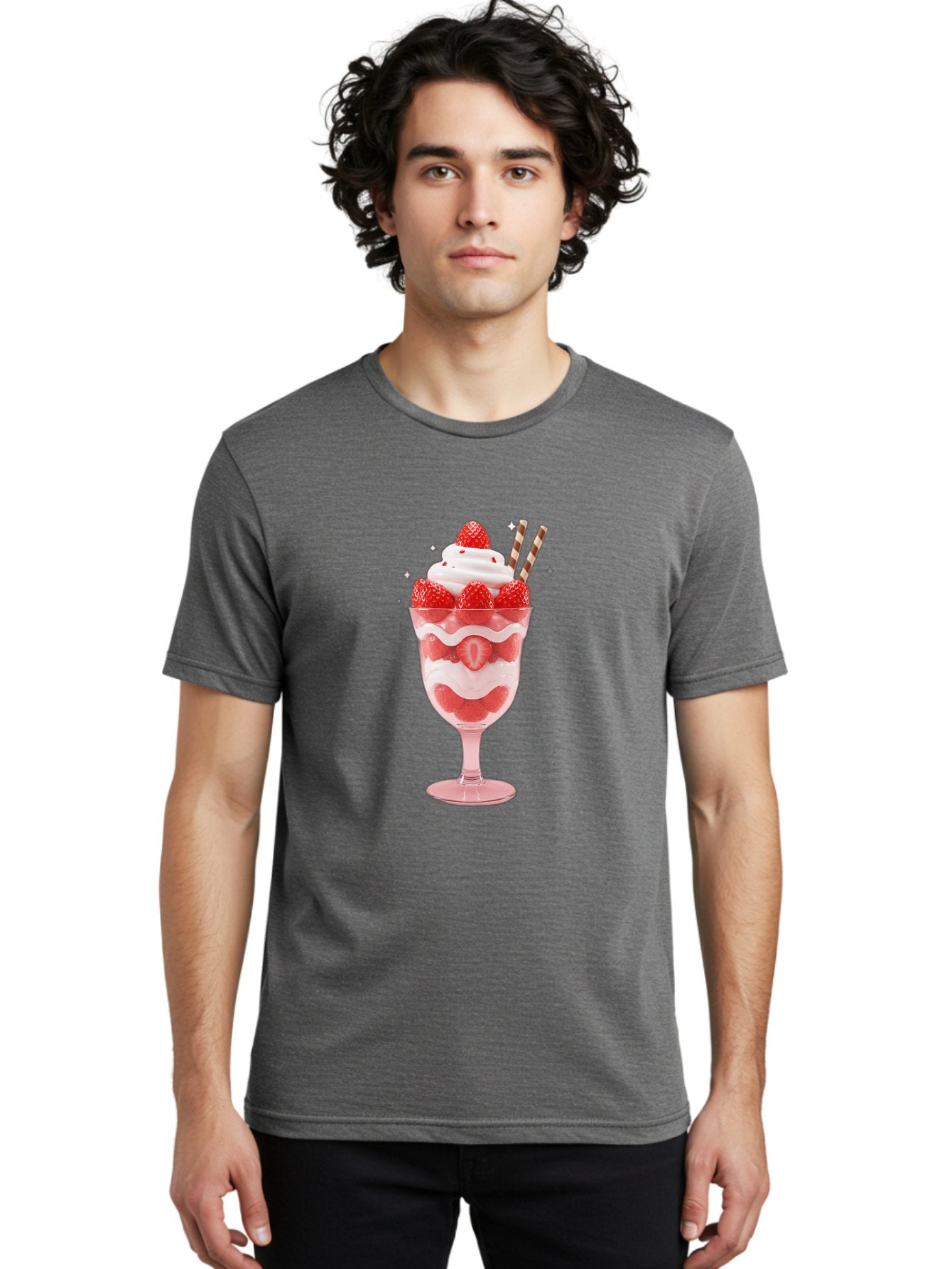 Strawberry-Sundae Men'S Graphic Tee, 100% Cotton, Comfortable Casual Summer Wear, Machine Washable, Strawberry Dessert, Sweet Treat, Layered Parfait, Whipped Cream Topping, Fresh Strawberries, Red And White Colors, Striped Straws, Bac485 28