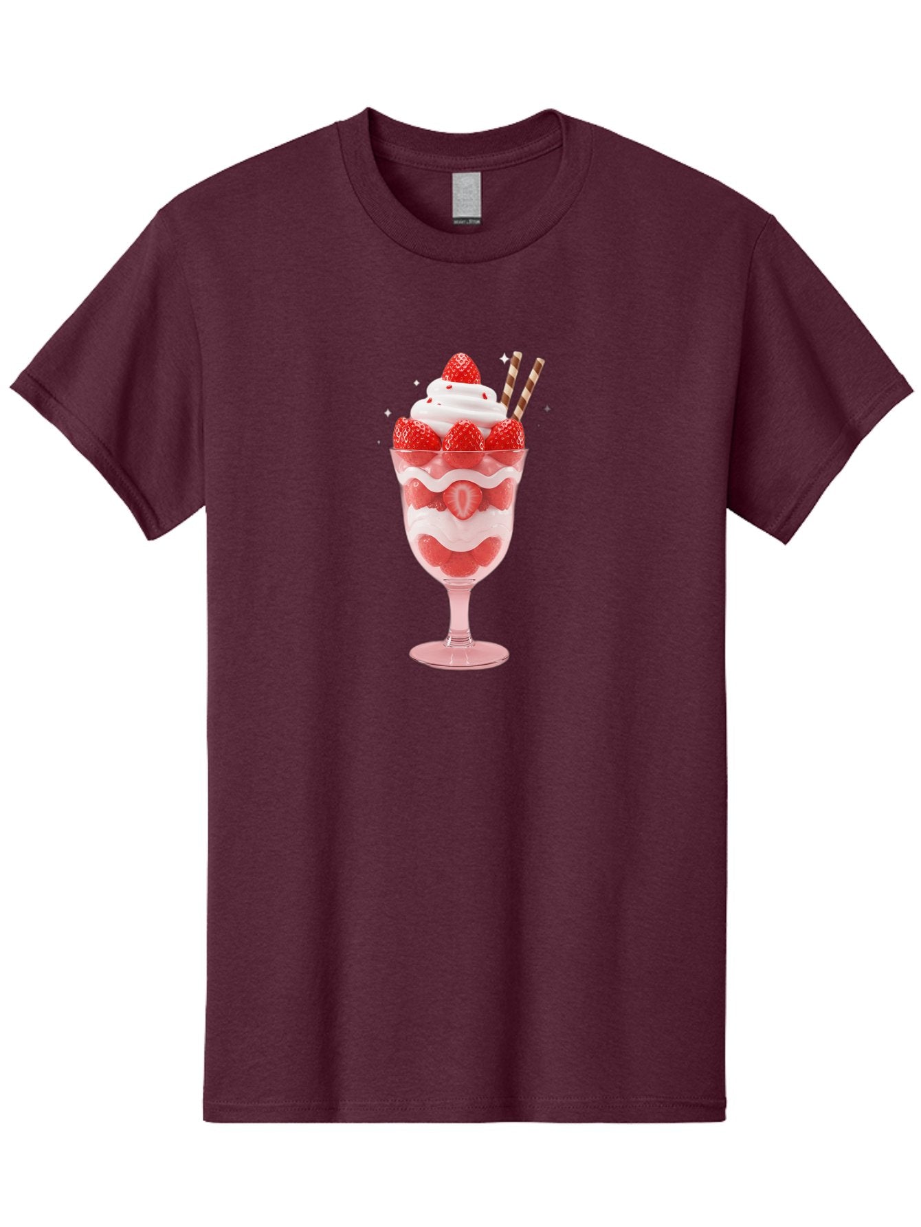 Strawberry-Sundae Men'S Graphic Tee, 100% Cotton, Comfortable Casual Summer Wear, Machine Washable, Strawberry Dessert, Sweet Treat, Layered Parfait, Whipped Cream Topping, Fresh Strawberries, Red And White Colors, Striped Straws, Bac485 7