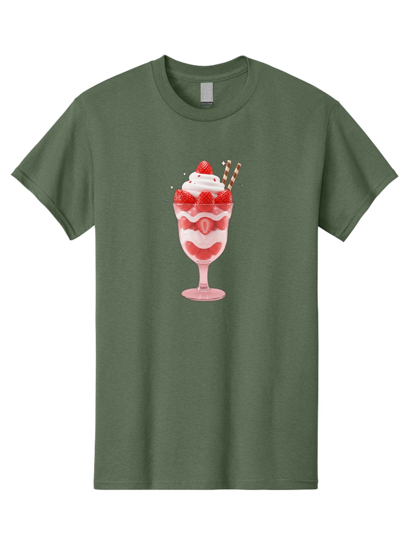 Strawberry-Sundae Men'S Graphic Tee, 100% Cotton, Comfortable Casual Summer Wear, Machine Washable, Strawberry Dessert, Sweet Treat, Layered Parfait, Whipped Cream Topping, Fresh Strawberries, Red And White Colors, Striped Straws, Bac485 15