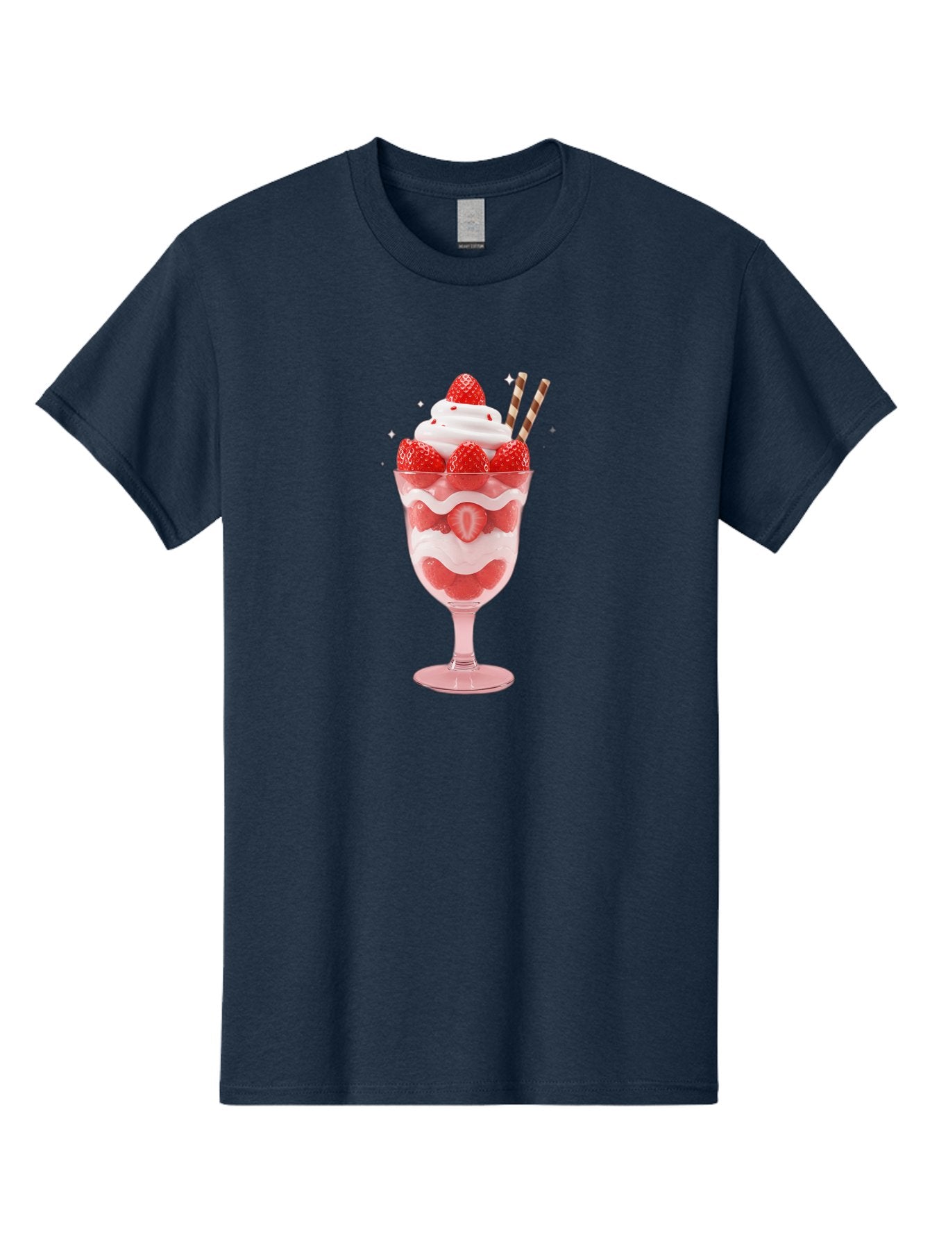 Strawberry-Sundae Men'S Graphic Tee, 100% Cotton, Comfortable Casual Summer Wear, Machine Washable, Strawberry Dessert, Sweet Treat, Layered Parfait, Whipped Cream Topping, Fresh Strawberries, Red And White Colors, Striped Straws, Bac485 4