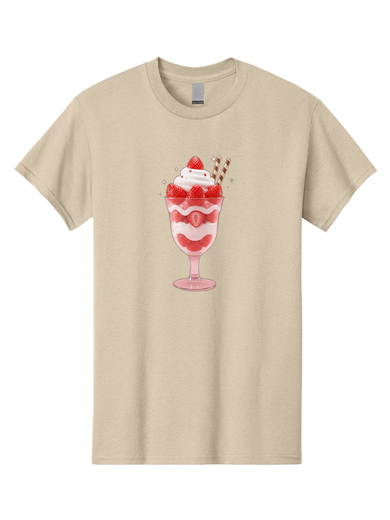 Strawberry-Sundae Men'S Graphic Tee, 100% Cotton, Comfortable Casual Summer Wear, Machine Washable, Strawberry Dessert, Sweet Treat, Layered Parfait, Whipped Cream Topping, Fresh Strawberries, Red And White Colors, Striped Straws, Bac485