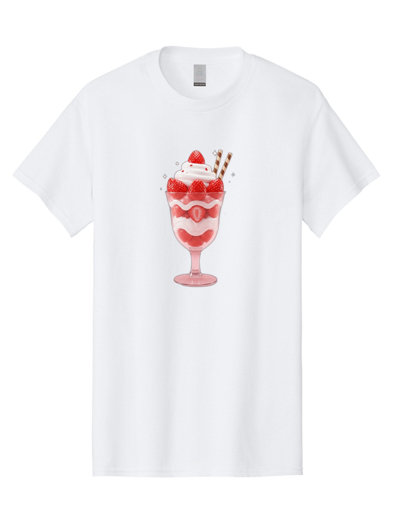 Strawberry-Sundae Men'S Graphic Tee, 100% Cotton, Comfortable Casual Summer Wear, Machine Washable, Strawberry Dessert, Sweet Treat, Layered Parfait, Whipped Cream Topping, Fresh Strawberries, Red And White Colors, Striped Straws, Bac485 14