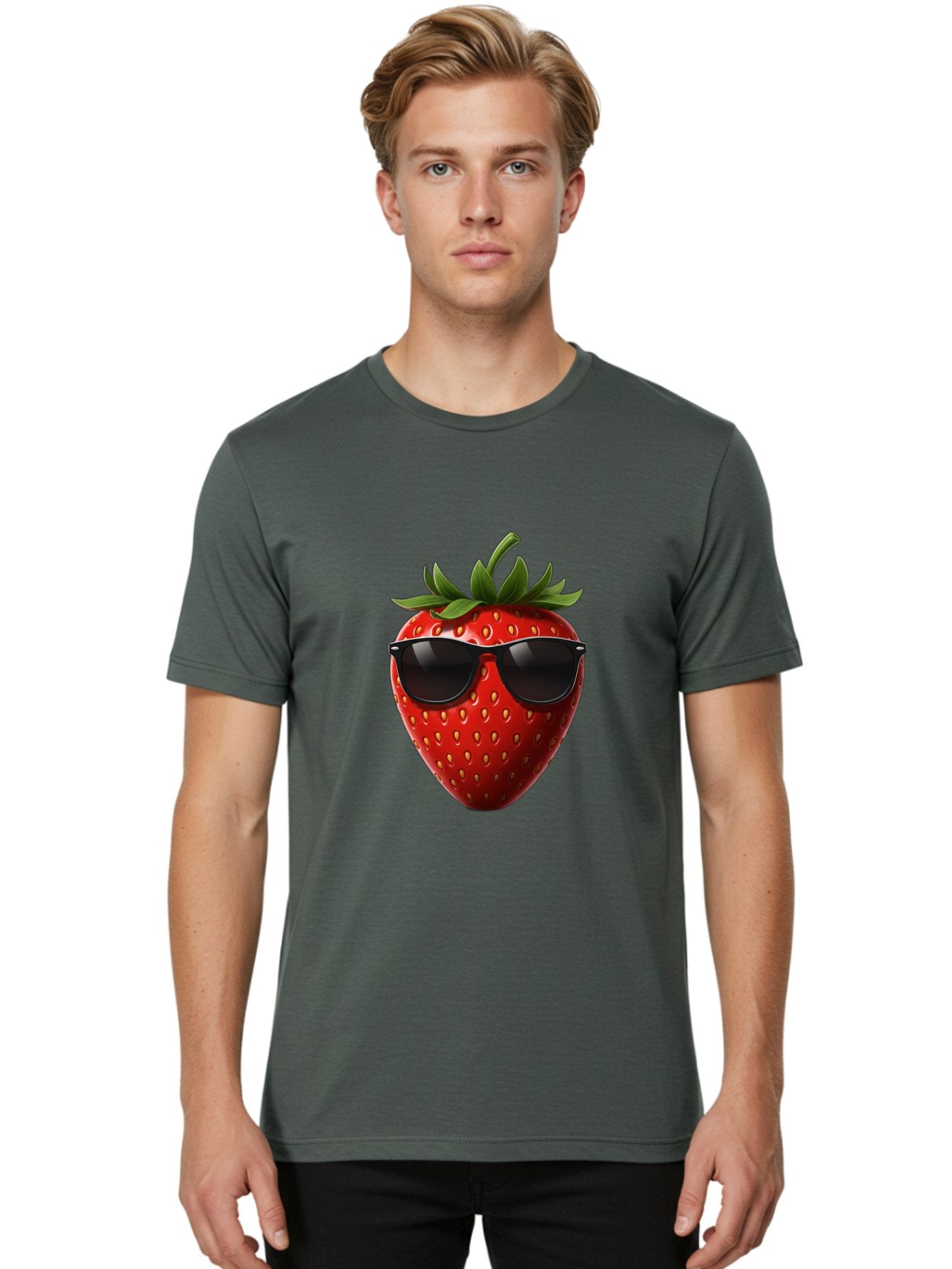 Strawberry-Sunglasses-1 Men'S Graphic Tee, 100% Cotton, Comfortable Casual Summer Wear, Machine Washable, Strawberry Wearing Sunglasses, Cool Fruit, Funny Illustration, Trendy Design, Summer Vibes, Red Strawberry, Sunglasses Style, Bac486 18