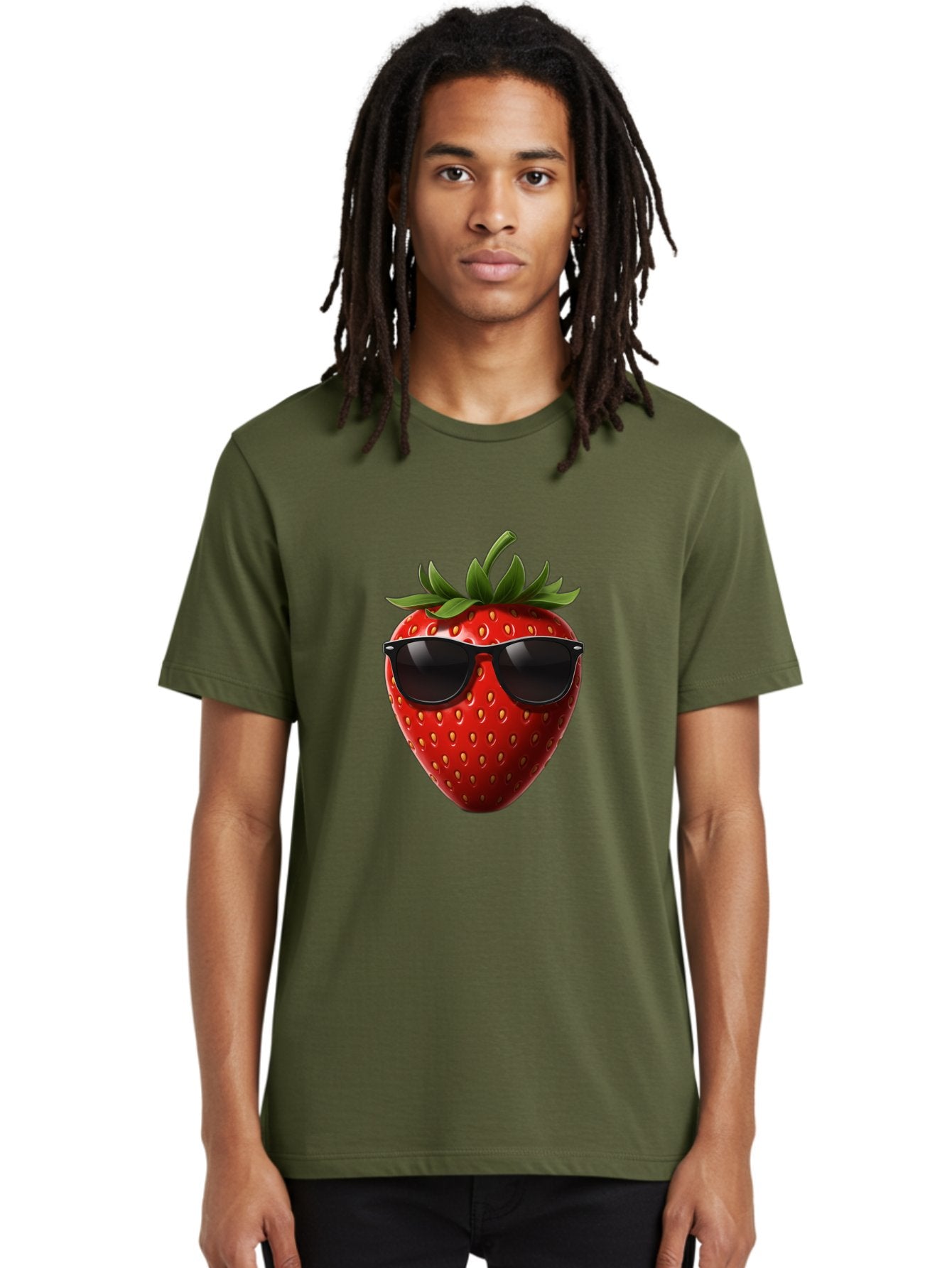 Strawberry-Sunglasses-1 Men'S Graphic Tee, 100% Cotton, Comfortable Casual Summer Wear, Machine Washable, Strawberry Wearing Sunglasses, Cool Fruit, Funny Illustration, Trendy Design, Summer Vibes, Red Strawberry, Sunglasses Style, Bac486 25