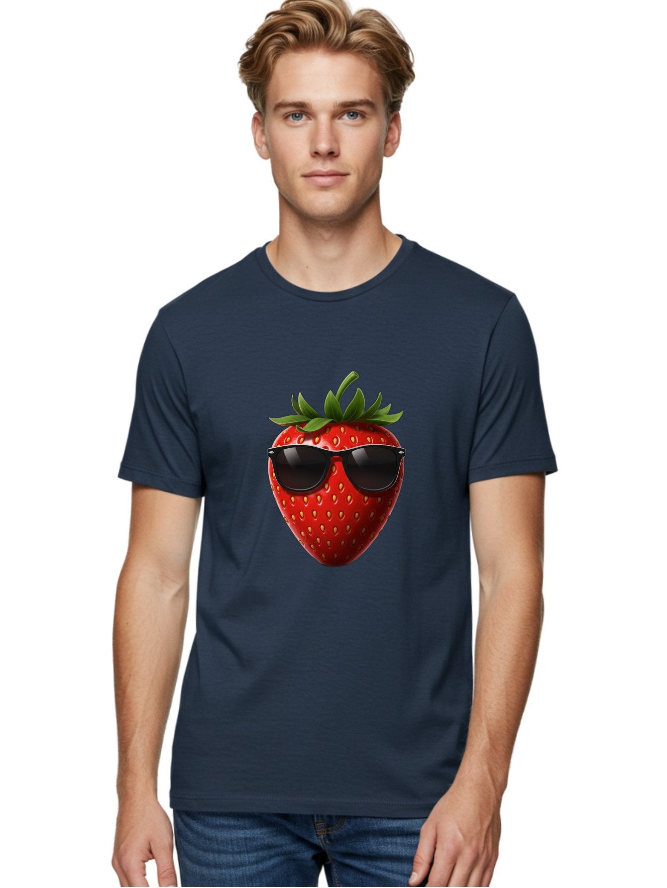 Strawberry-Sunglasses-1 Men'S Graphic Tee, 100% Cotton, Comfortable Casual Summer Wear, Machine Washable, Strawberry Wearing Sunglasses, Cool Fruit, Funny Illustration, Trendy Design, Summer Vibes, Red Strawberry, Sunglasses Style, Bac486 26
