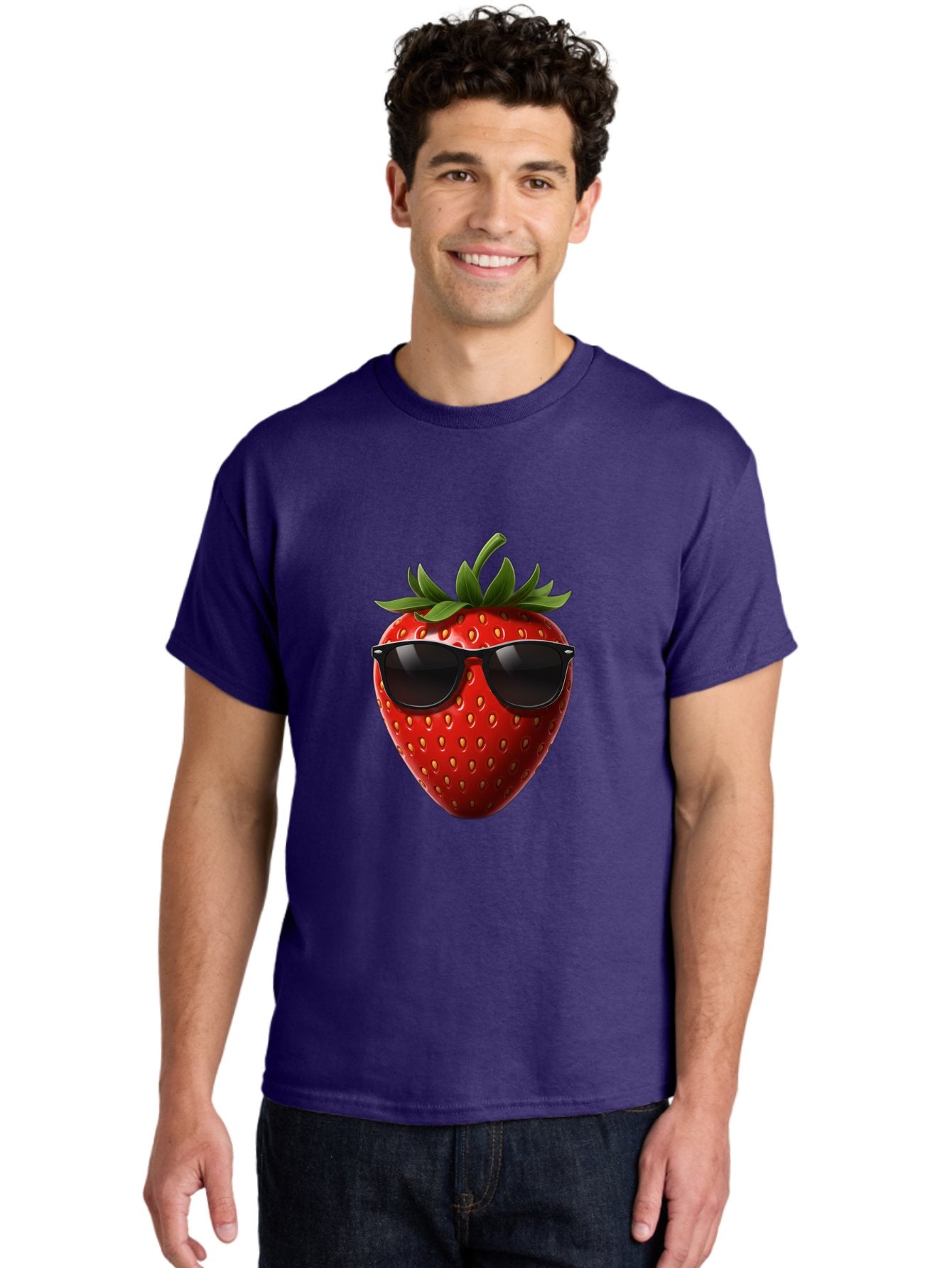 Strawberry-Sunglasses-1 Men'S Graphic Tee, 100% Cotton, Comfortable Casual Summer Wear, Machine Washable, Strawberry Wearing Sunglasses, Cool Fruit, Funny Illustration, Trendy Design, Summer Vibes, Red Strawberry, Sunglasses Style, Bac486 19
