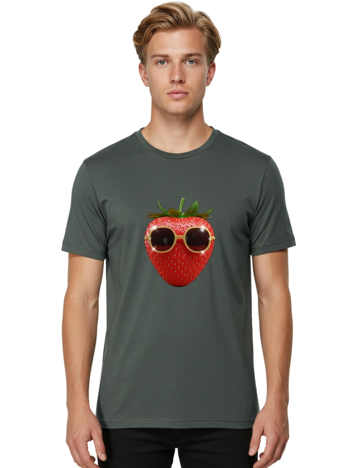 Strawberry-Sunglasses-2 Men'S Graphic Tee, 100% Cotton, Comfortable Casual Summer Wear, Machine Washable, Strawberry Wearing Sunglasses, Funny Fruit, Quirky Character, Red Strawberries, Cool Shades, Fresh Produce, Playful Vibe, Summer Fun Bac487 29
