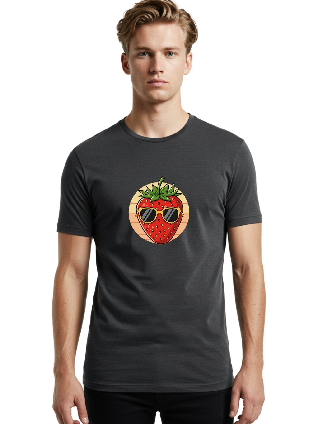 Strawberry-Sunglasses-3 Men'S Graphic Tee, 100% Cotton, Comfortable Casual Summer Wear, Machine Washable, Summer Fruit, Cool Strawberry, Yellow Sunglasses, Trendy Design, Red Fruit, Green Leaves, Cartoon Character, Fun Illustration, Bac488 17