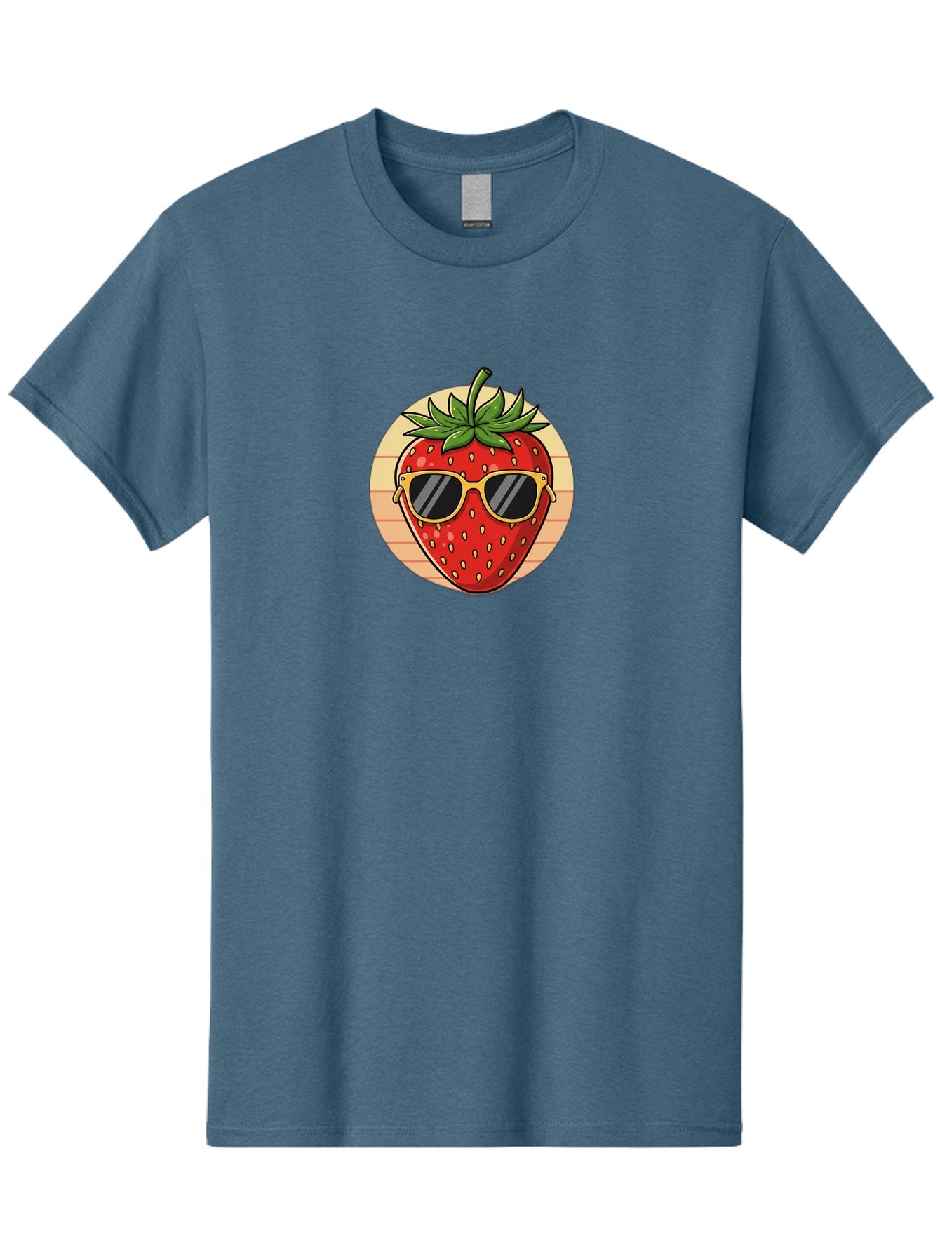 Strawberry-Sunglasses-3 Men'S Graphic Tee, 100% Cotton, Comfortable Casual Summer Wear, Machine Washable, Summer Fruit, Cool Strawberry, Yellow Sunglasses, Trendy Design, Red Fruit, Green Leaves, Cartoon Character, Fun Illustration, Bac488 4