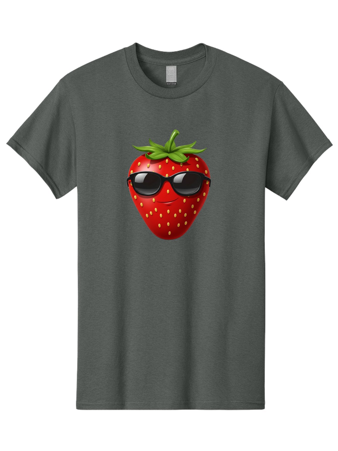Strawberry-Sunglasses Men'S Graphic Tee, 100% Cotton, Comfortable Casual Summer Wear, Machine Washable, Strawberry Wearing Sunglasses, Cool Strawberry, Fruit Character, Smiling Face, Black Shades, Yellow Seeds, Cartoon Style, Fun Design, Bac489 9