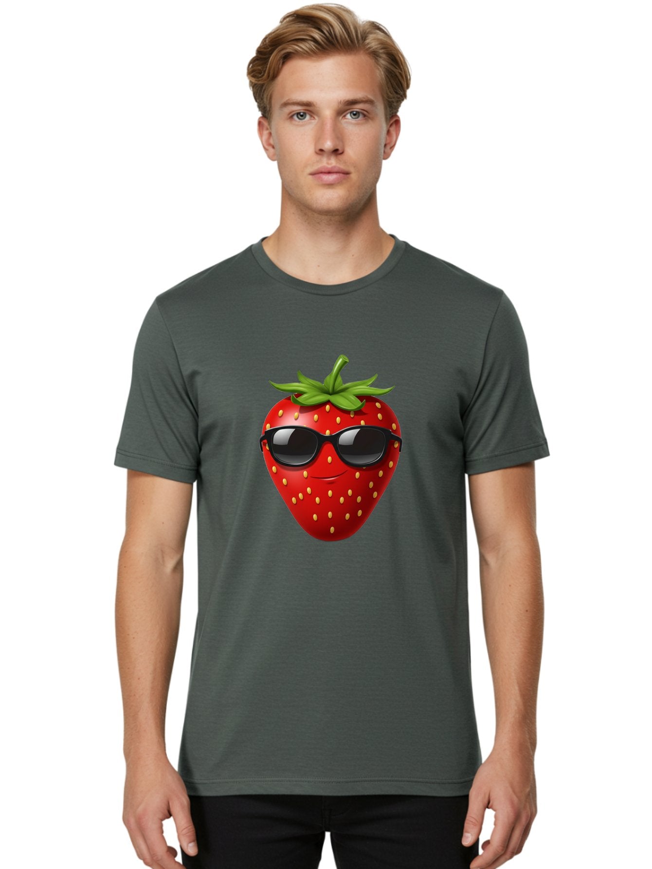Strawberry-Sunglasses Men'S Graphic Tee, 100% Cotton, Comfortable Casual Summer Wear, Machine Washable, Strawberry Wearing Sunglasses, Cool Strawberry, Fruit Character, Smiling Face, Black Shades, Yellow Seeds, Cartoon Style, Fun Design, Bac489 26