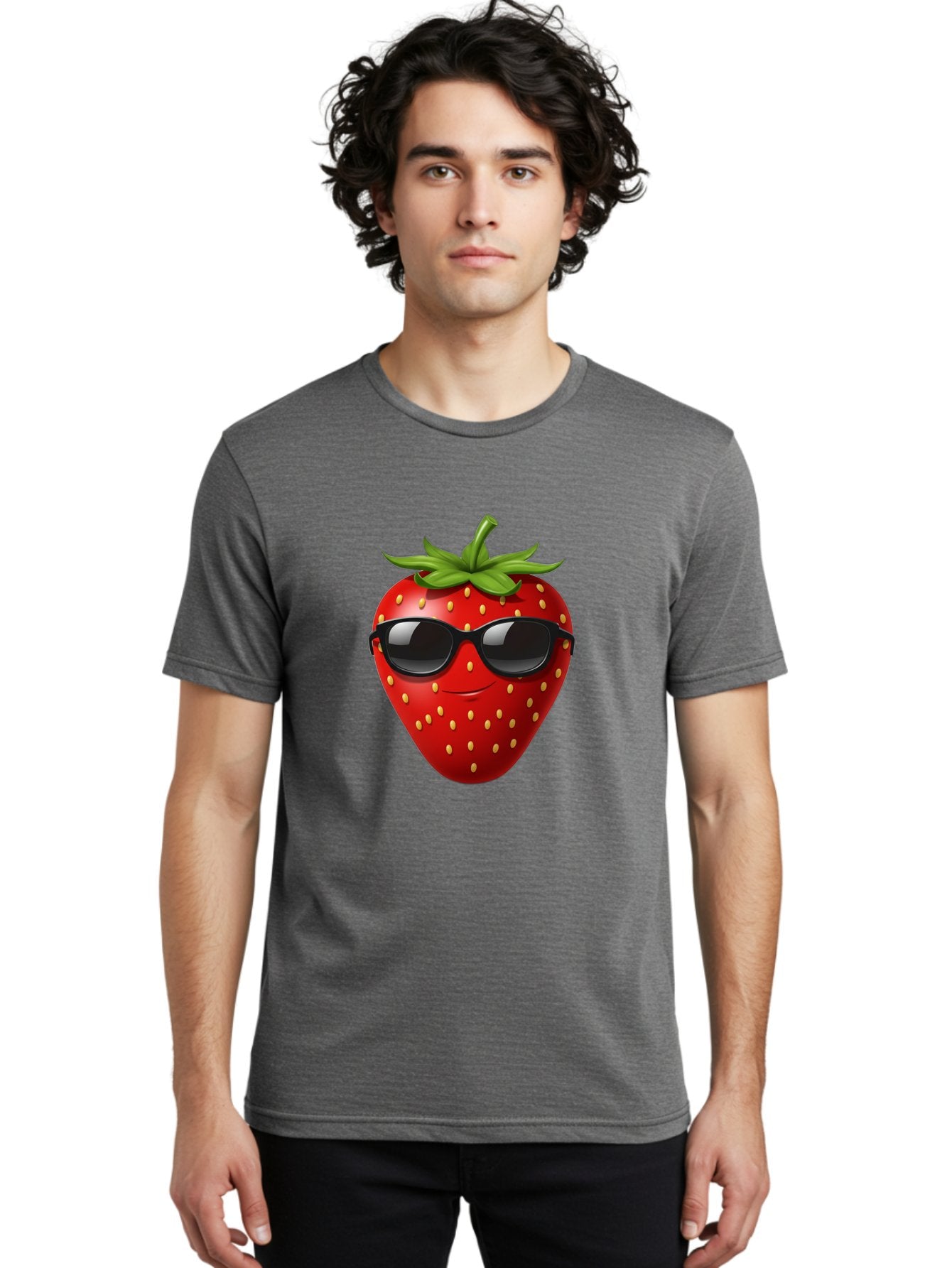 Strawberry-Sunglasses Men'S Graphic Tee, 100% Cotton, Comfortable Casual Summer Wear, Machine Washable, Strawberry Wearing Sunglasses, Cool Strawberry, Fruit Character, Smiling Face, Black Shades, Yellow Seeds, Cartoon Style, Fun Design, Bac489 18