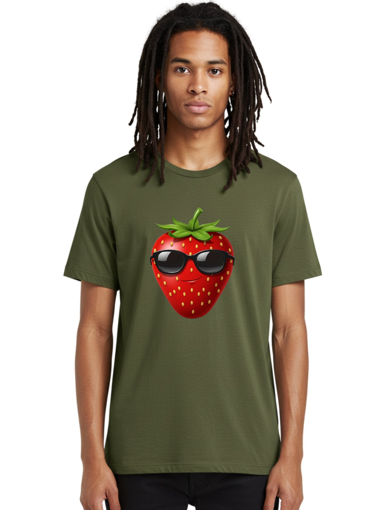 Strawberry-Sunglasses Men'S Graphic Tee, 100% Cotton, Comfortable Casual Summer Wear, Machine Washable, Strawberry Wearing Sunglasses, Cool Strawberry, Fruit Character, Smiling Face, Black Shades, Yellow Seeds, Cartoon Style, Fun Design, Bac489 20