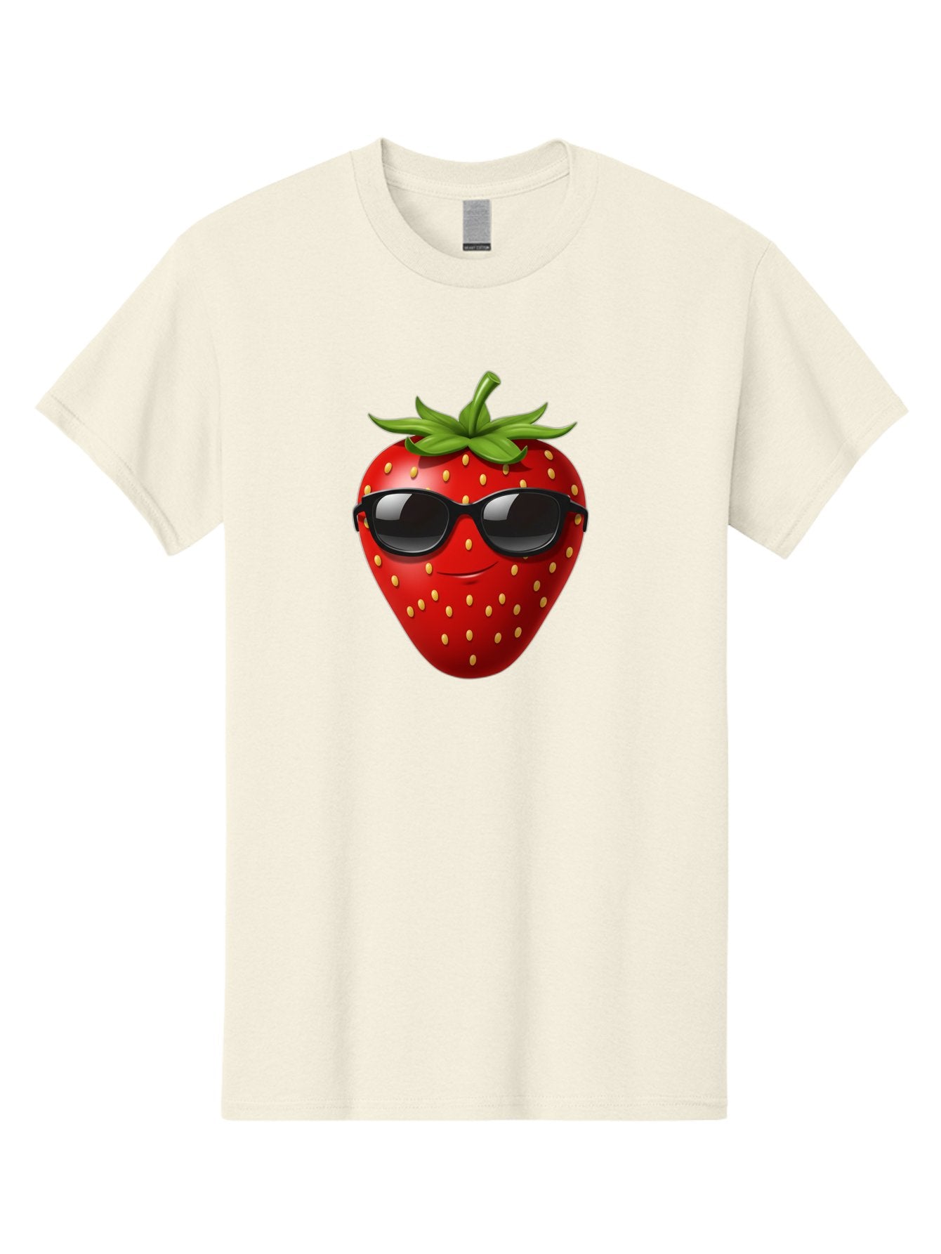 Strawberry-Sunglasses Men'S Graphic Tee, 100% Cotton, Comfortable Casual Summer Wear, Machine Washable, Strawberry Wearing Sunglasses, Cool Strawberry, Fruit Character, Smiling Face, Black Shades, Yellow Seeds, Cartoon Style, Fun Design, Bac489