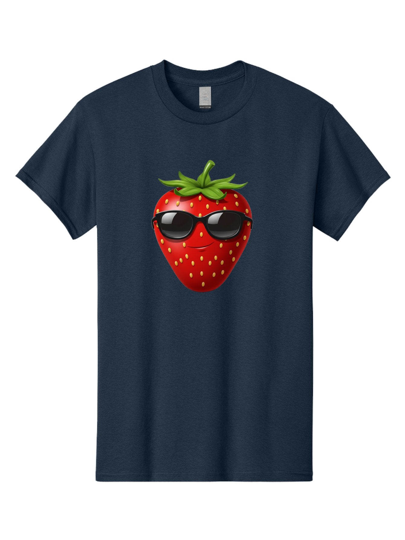 Strawberry-Sunglasses Men'S Graphic Tee, 100% Cotton, Comfortable Casual Summer Wear, Machine Washable, Strawberry Wearing Sunglasses, Cool Strawberry, Fruit Character, Smiling Face, Black Shades, Yellow Seeds, Cartoon Style, Fun Design, Bac489 5