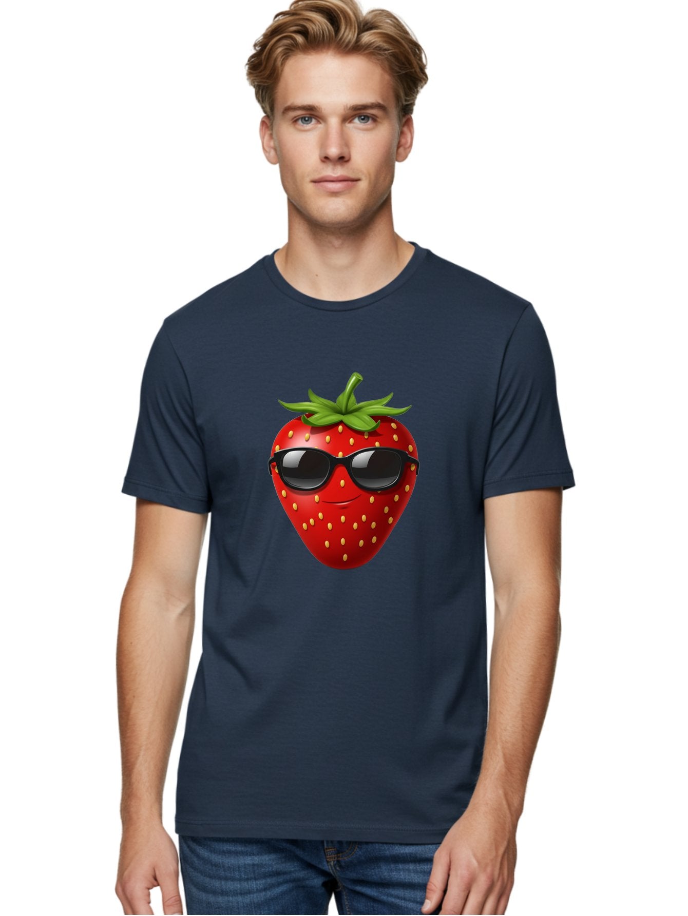Strawberry-Sunglasses Men'S Graphic Tee, 100% Cotton, Comfortable Casual Summer Wear, Machine Washable, Strawberry Wearing Sunglasses, Cool Strawberry, Fruit Character, Smiling Face, Black Shades, Yellow Seeds, Cartoon Style, Fun Design, Bac489 23