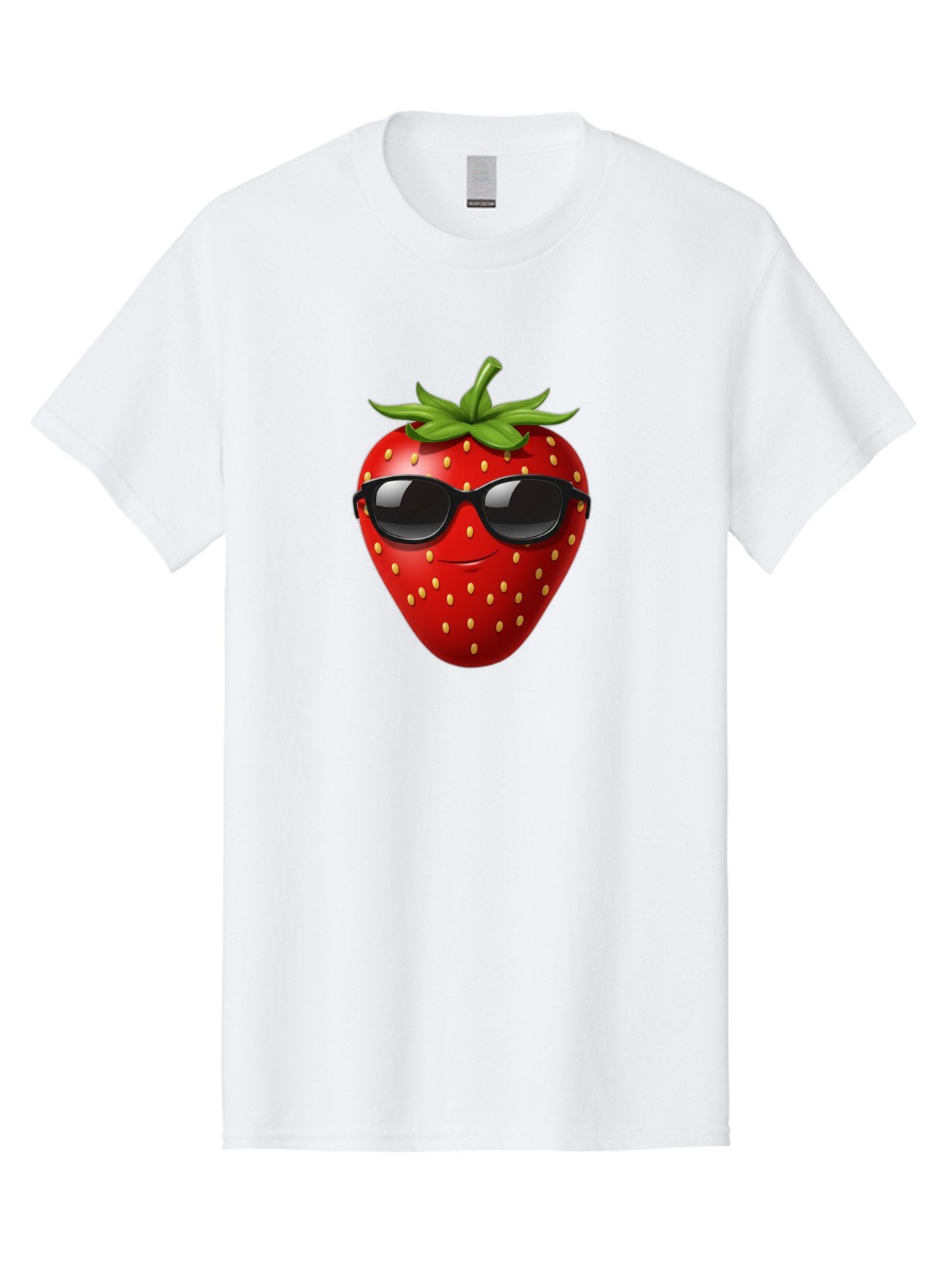 Strawberry-Sunglasses Men'S Graphic Tee, 100% Cotton, Comfortable Casual Summer Wear, Machine Washable, Strawberry Wearing Sunglasses, Cool Strawberry, Fruit Character, Smiling Face, Black Shades, Yellow Seeds, Cartoon Style, Fun Design, Bac489