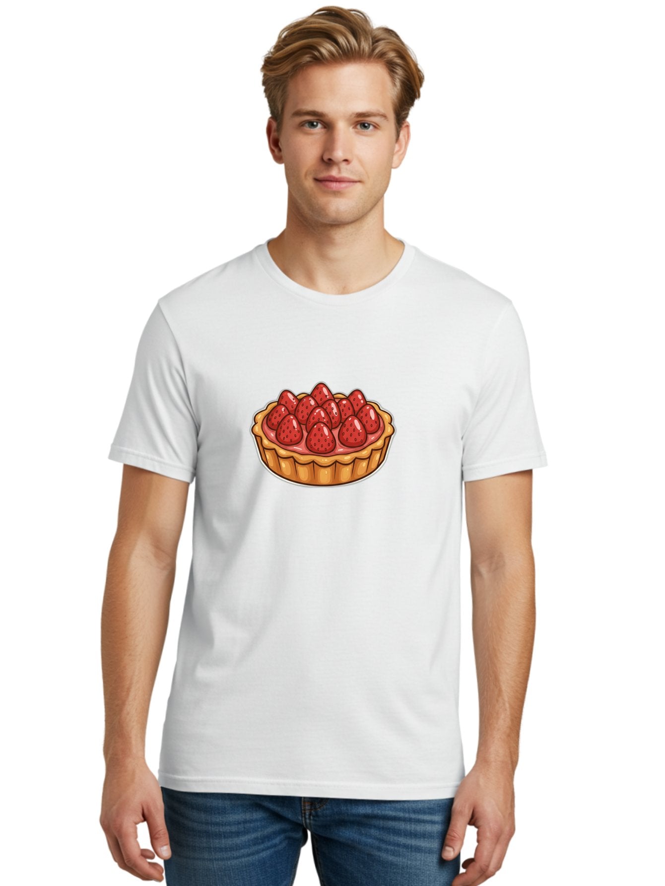 Strawberry-Tart Men'S Graphic Tee, 100% Cotton, Comfortable Casual Summer Wear, Machine Washable, Strawberry Tart, Sweet Dessert, Fresh Strawberries, Pastry Crust, Gourmet Treat, Fruit Tart, Strawberry Topping, Dessert Illustration, Bac490 30