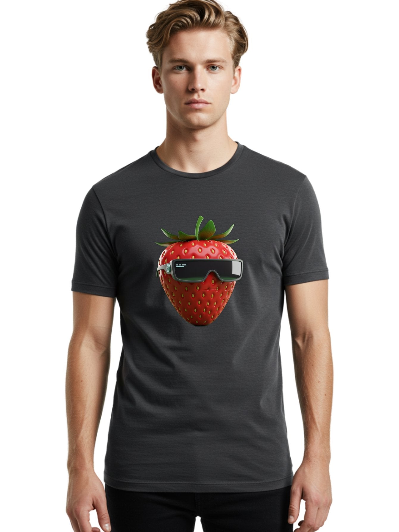 Strawberry-Virtual-Reality-Headset Men'S Graphic Tee, 100% Cotton, Comfortable Casual Summer Wear, Machine Washable, Strawberry Wearing Vr Headset, Futuristic Fruit, Virtual Reality, Augmented Reality, Tech-Savvy Strawberry, Innovative Design, Bac491 24