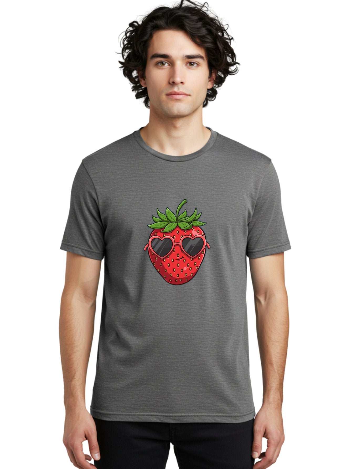 Strawberry-With-Heart-Sunglasses Men'S Graphic Tee, 100% Cotton, Comfortable Casual Summer Wear, Machine Washable, Strawberry With Sunglasses, Cool Strawberry, Heart-Shaped Shades, Trendy Fruit, Vibrant Red, Smiling Face, Summer Vibe, Bac492 25