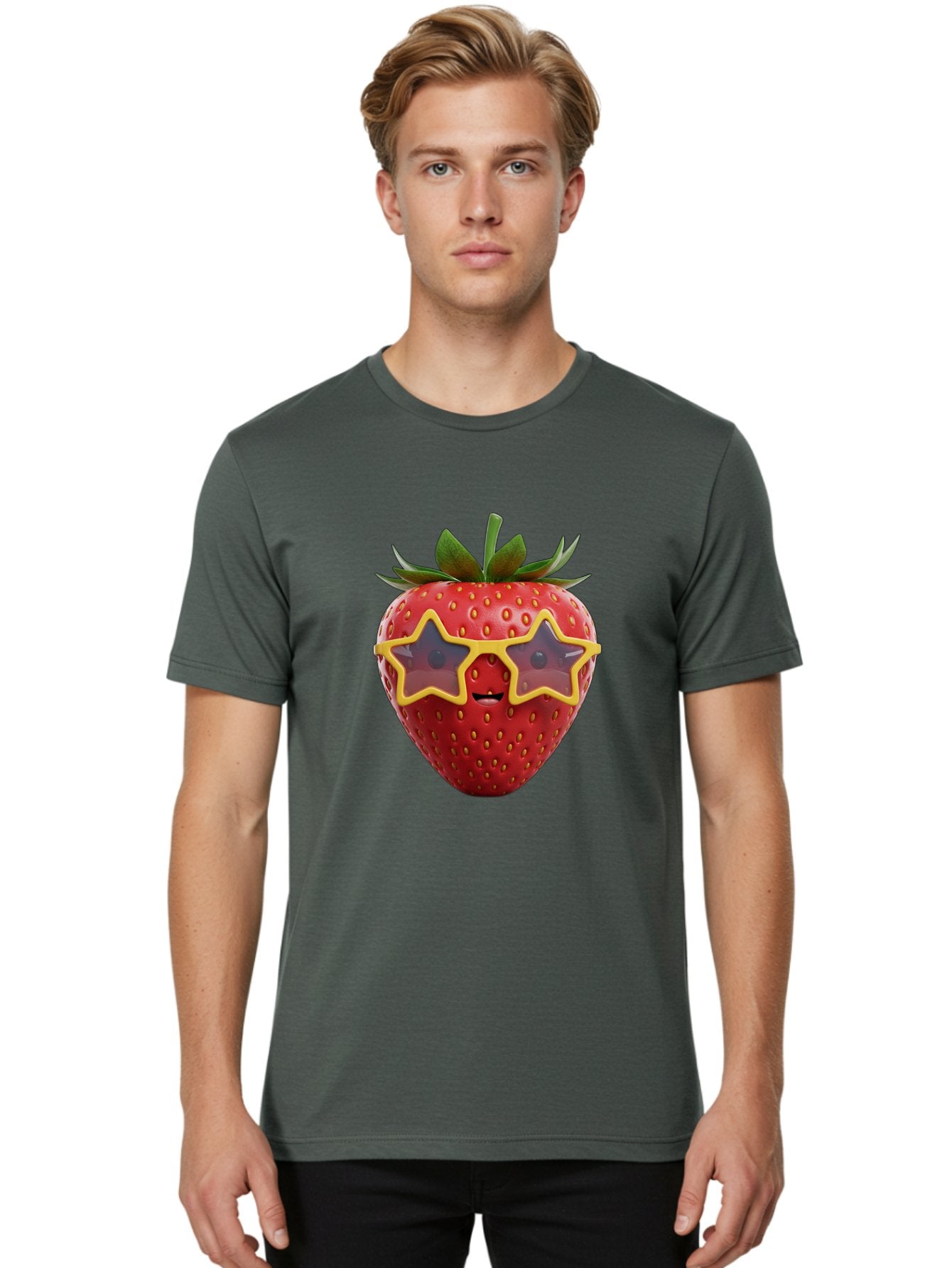Strawberry-With-Shades Men'S Graphic Tee, 100% Cotton, Comfortable Casual Summer Wear, Machine Washable, Strawberry Wearing Sunglasses, Star-Shaped Shades, Cartoon Character, Fruit Illustration, Vibrant Red, Fun And Quirky, Playful Design, Bac493 17