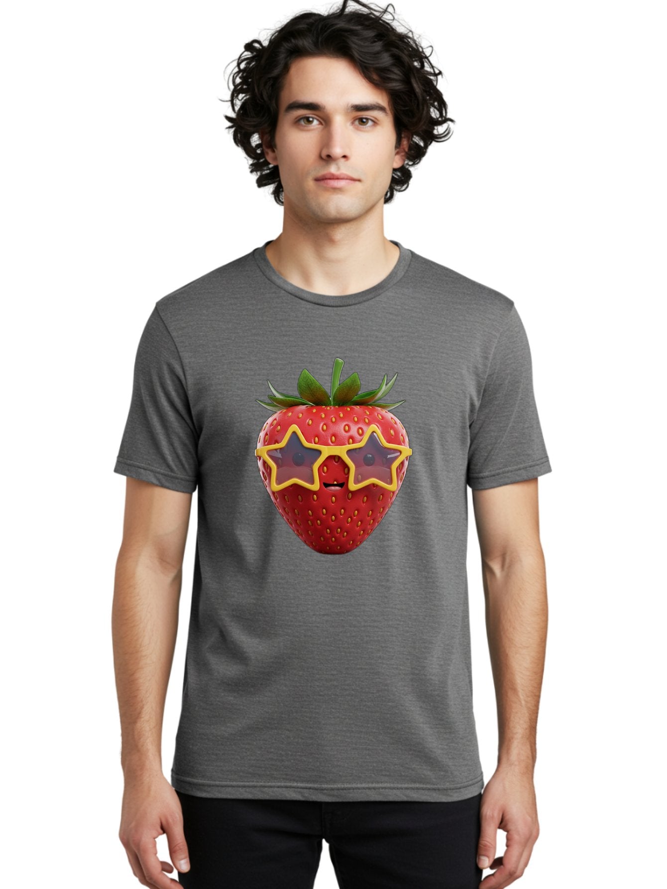 Strawberry-With-Shades Men'S Graphic Tee, 100% Cotton, Comfortable Casual Summer Wear, Machine Washable, Strawberry Wearing Sunglasses, Star-Shaped Shades, Cartoon Character, Fruit Illustration, Vibrant Red, Fun And Quirky, Playful Design, Bac493 27