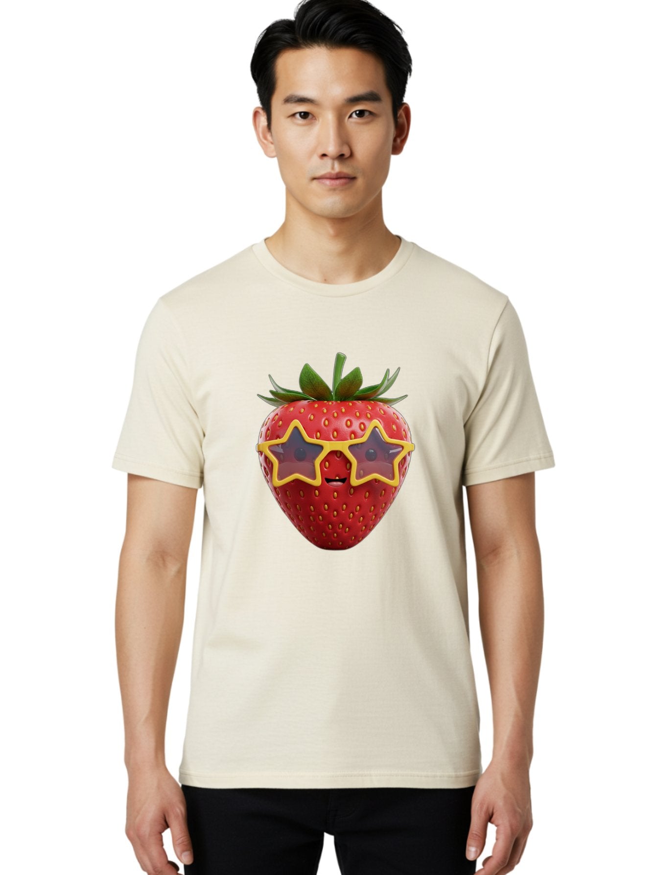 Strawberry-With-Shades Men'S Graphic Tee, 100% Cotton, Comfortable Casual Summer Wear, Machine Washable, Strawberry Wearing Sunglasses, Star-Shaped Shades, Cartoon Character, Fruit Illustration, Vibrant Red, Fun And Quirky, Playful Design, Bac493 29