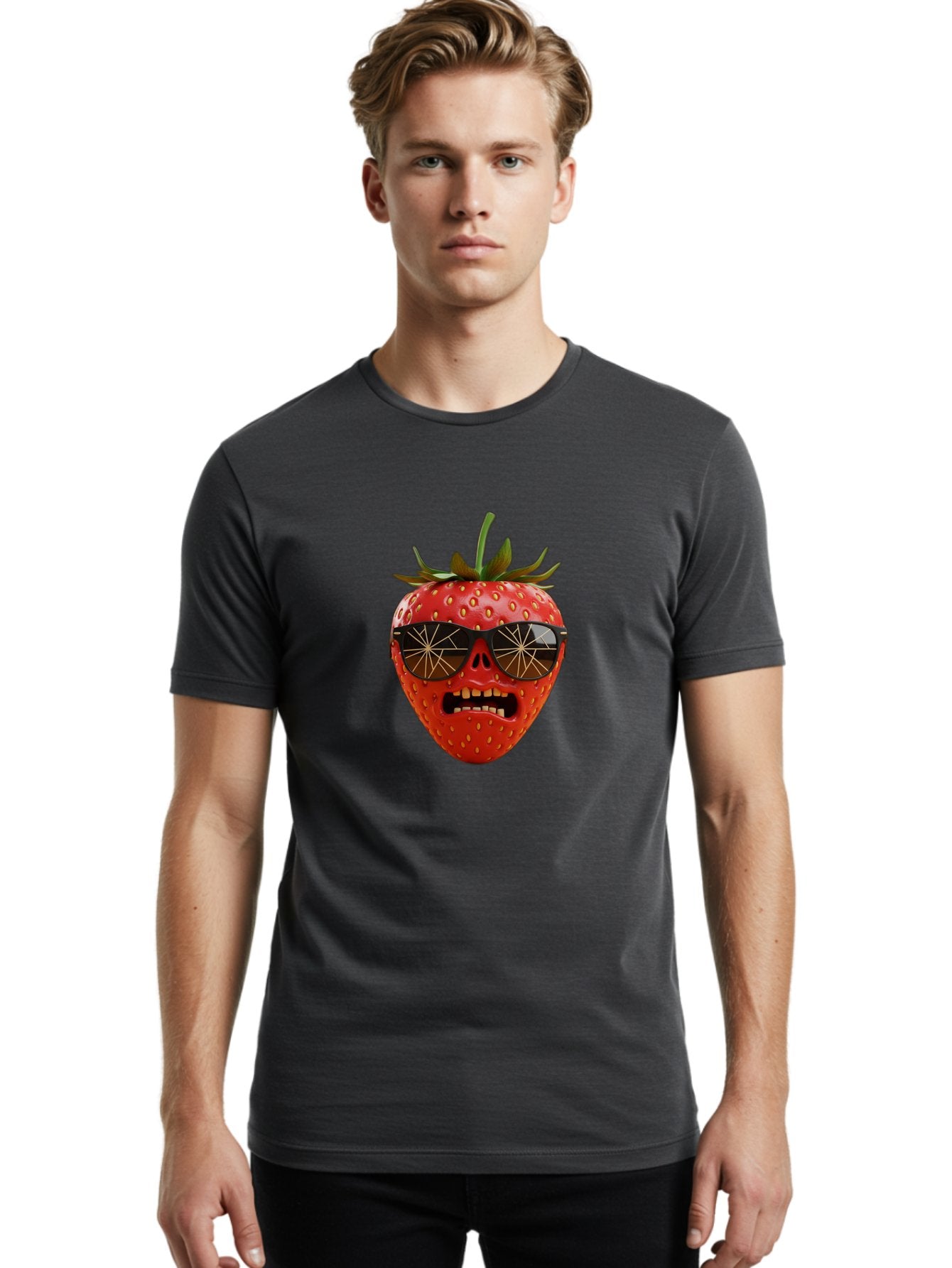 Strawberry-With-Sunglasses Men'S Graphic Tee, 100% Cotton, Comfortable Casual Summer Wear, Machine Washable, Strawberry With Sunglasses, Skull Face, Gold Teeth, Futuristic Design, Funky Fruit, Quirky Art, Pop Culture, Funny Character, Bac494 18