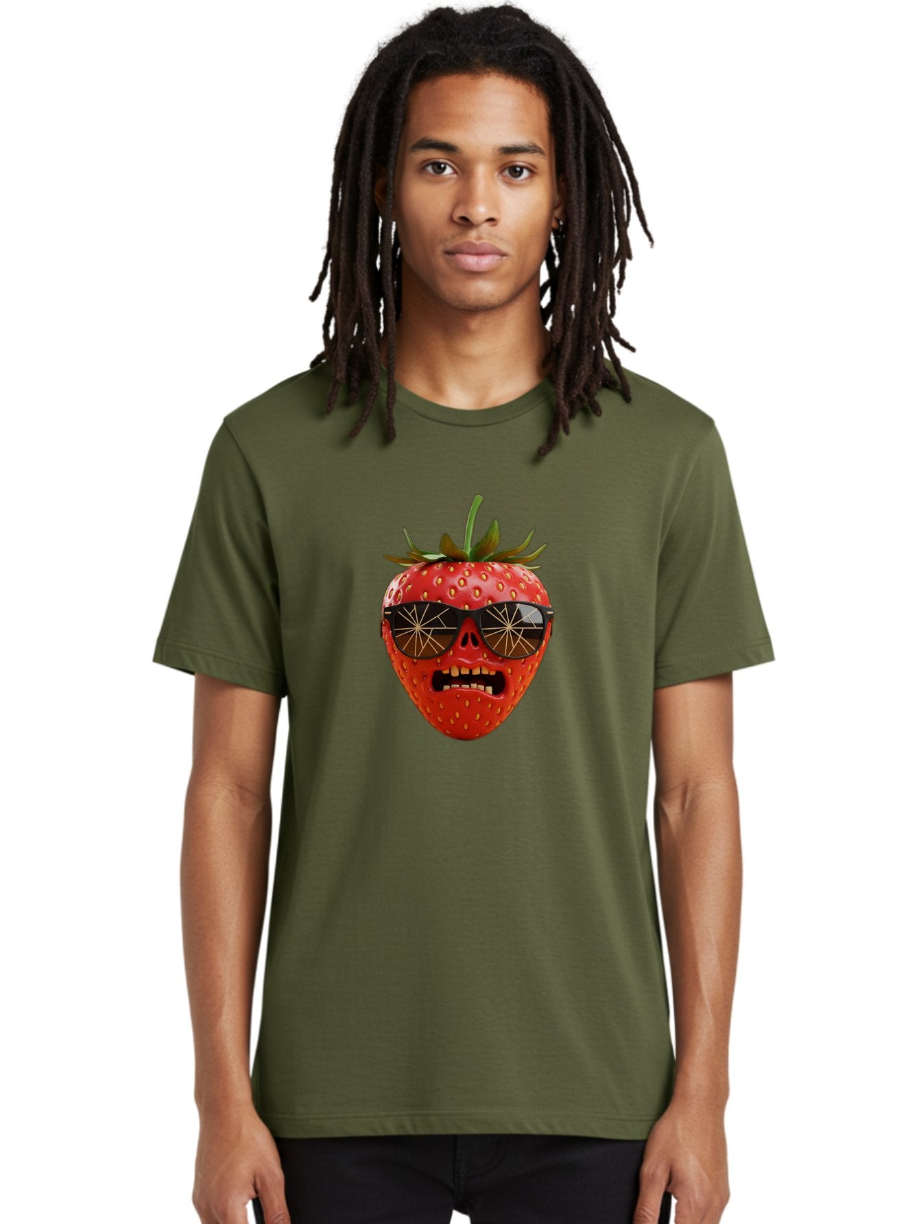 Strawberry-With-Sunglasses Men'S Graphic Tee, 100% Cotton, Comfortable Casual Summer Wear, Machine Washable, Strawberry With Sunglasses, Skull Face, Gold Teeth, Futuristic Design, Funky Fruit, Quirky Art, Pop Culture, Funny Character, Bac494 25