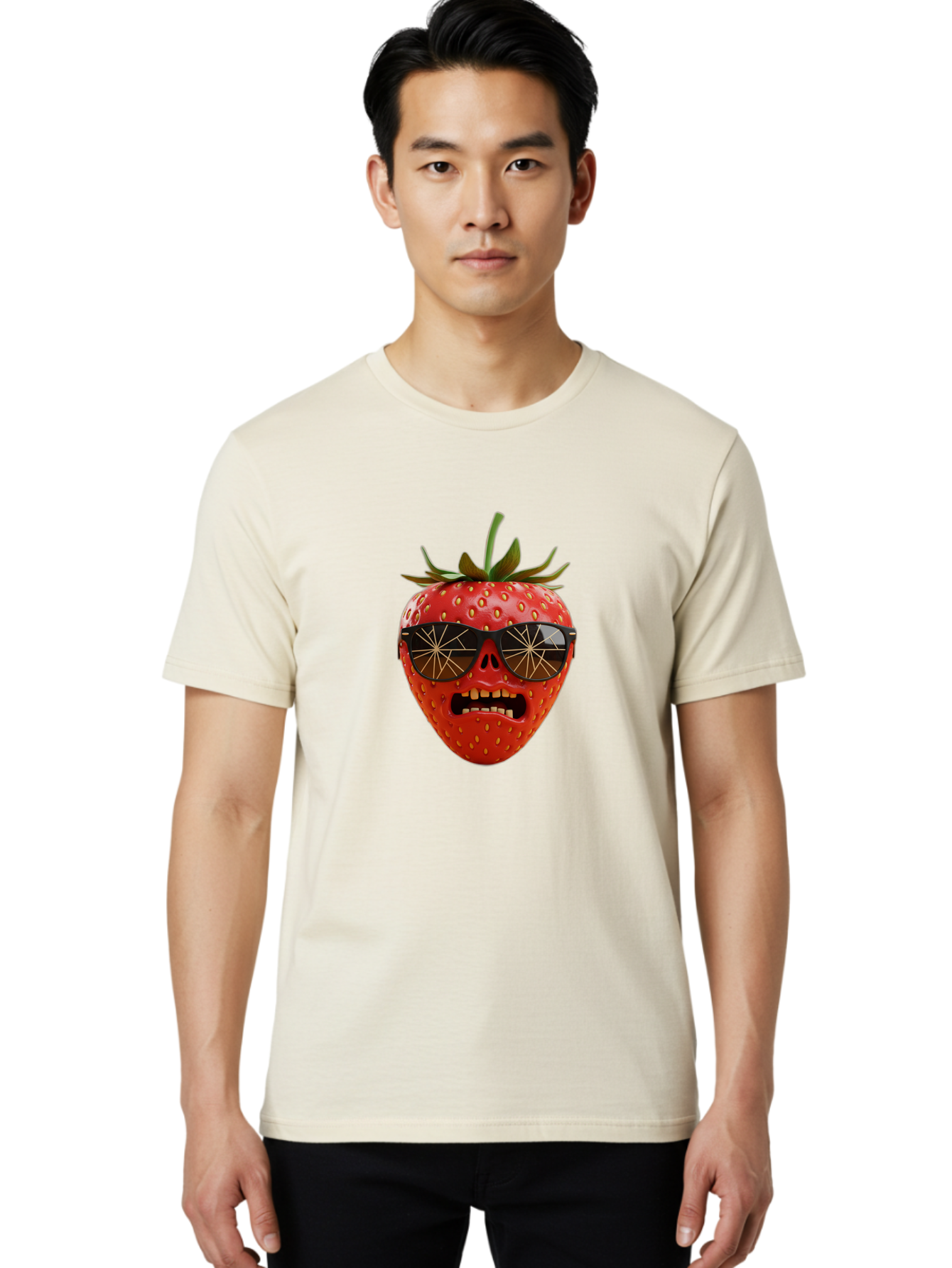 Strawberry-With-Sunglasses Men'S Graphic Tee, 100% Cotton, Comfortable Casual Summer Wear, Machine Washable, Strawberry With Sunglasses, Skull Face, Gold Teeth, Futuristic Design, Funky Fruit, Quirky Art, Pop Culture, Funny Character, Bac494 18
