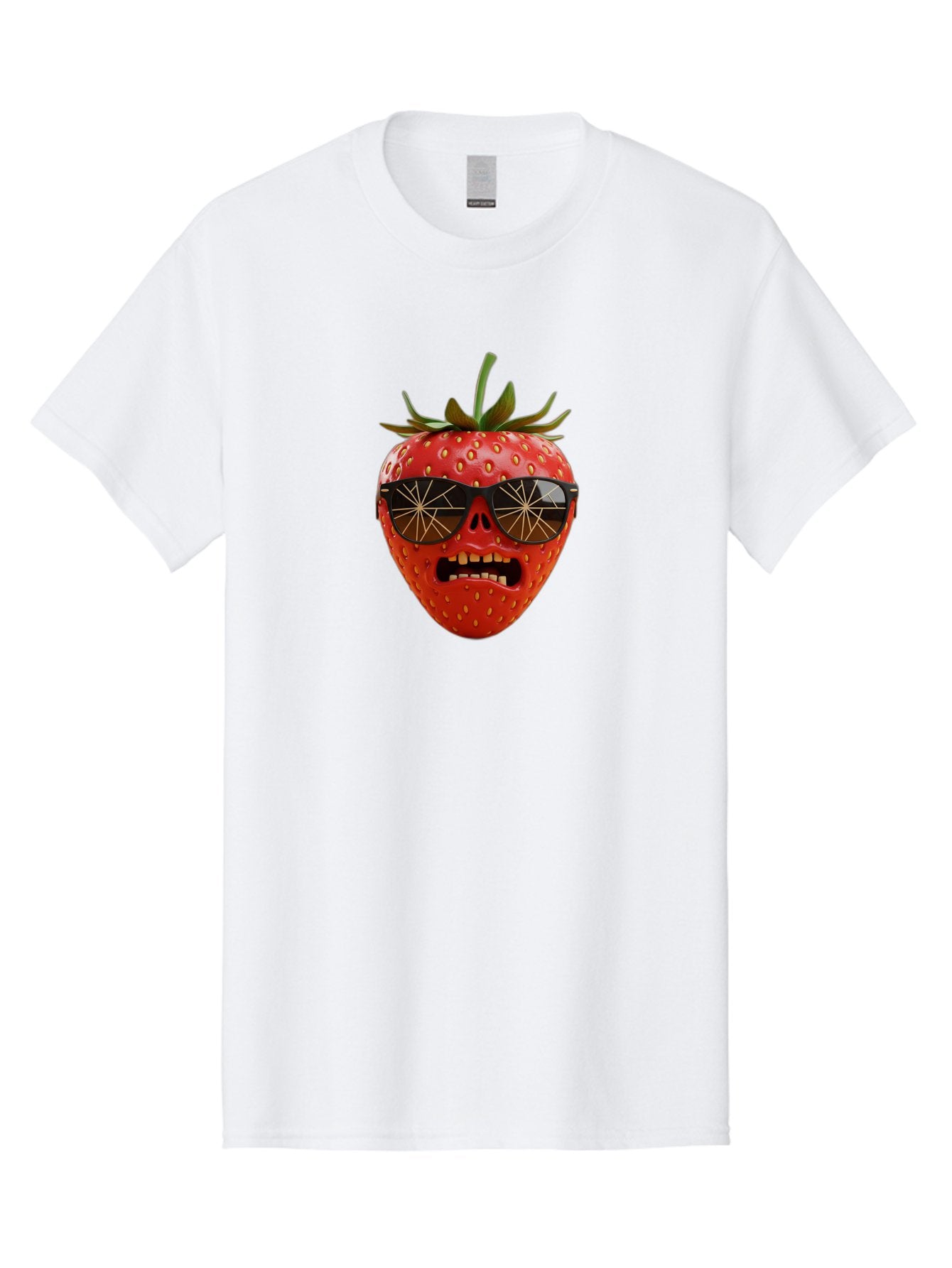 Strawberry-With-Sunglasses Men'S Graphic Tee, 100% Cotton, Comfortable Casual Summer Wear, Machine Washable, Strawberry With Sunglasses, Skull Face, Gold Teeth, Futuristic Design, Funky Fruit, Quirky Art, Pop Culture, Funny Character, Bac494