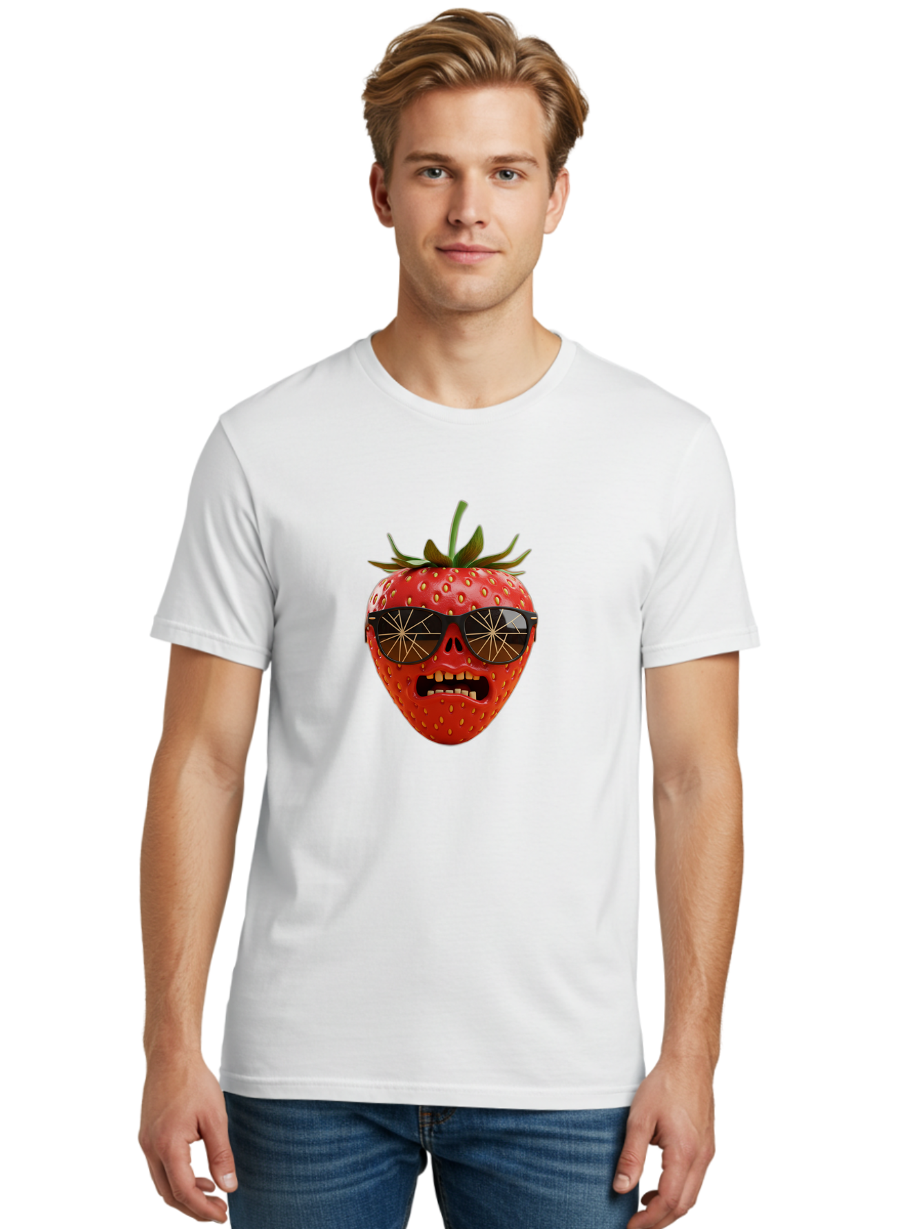 Strawberry-With-Sunglasses Men'S Graphic Tee, 100% Cotton, Comfortable Casual Summer Wear, Machine Washable, Strawberry With Sunglasses, Skull Face, Gold Teeth, Futuristic Design, Funky Fruit, Quirky Art, Pop Culture, Funny Character, Bac494 26