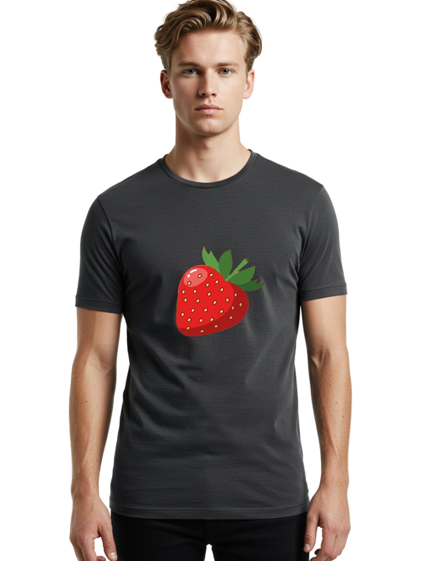 Strawberry Men'S Graphic Tee, 100% Cotton, Comfortable Casual Summer Wear, Machine Washable, Fresh Strawberry, Juicy Fruit, Red Strawberry, Green Leaves, Sweet Treat, Cartoon Illustration, Digital Art, Vibrant Red, Yellow Seeds Bac495 17