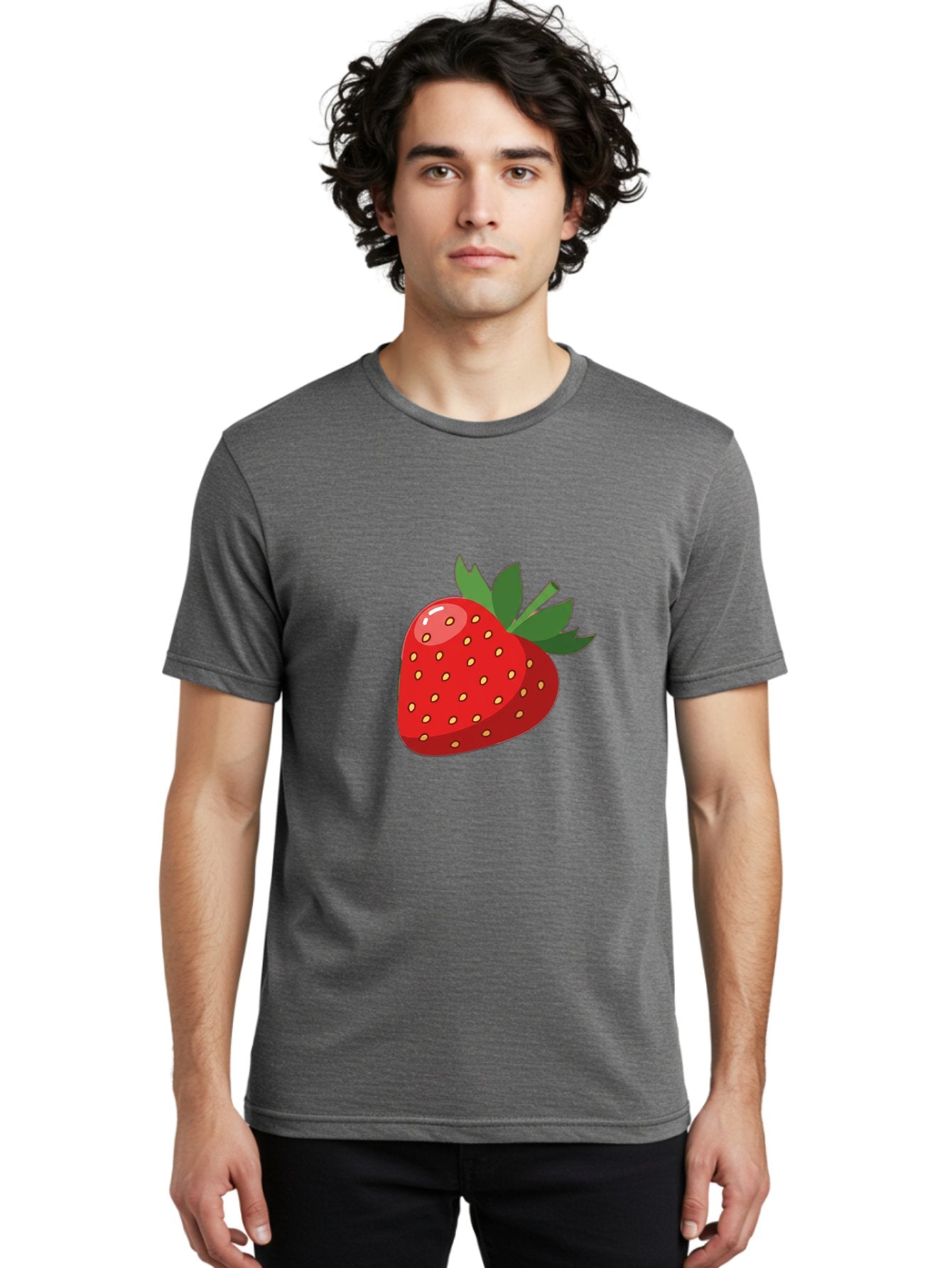 Strawberry Men'S Graphic Tee, 100% Cotton, Comfortable Casual Summer Wear, Machine Washable, Fresh Strawberry, Juicy Fruit, Red Strawberry, Green Leaves, Sweet Treat, Cartoon Illustration, Digital Art, Vibrant Red, Yellow Seeds Bac495 21