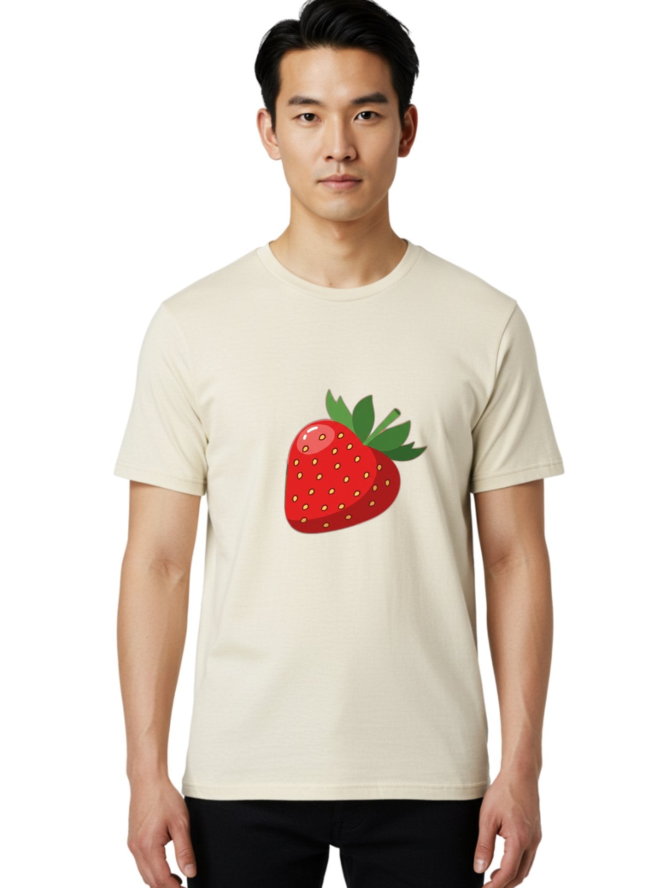 Strawberry Men'S Graphic Tee, 100% Cotton, Comfortable Casual Summer Wear, Machine Washable, Fresh Strawberry, Juicy Fruit, Red Strawberry, Green Leaves, Sweet Treat, Cartoon Illustration, Digital Art, Vibrant Red, Yellow Seeds Bac495 26