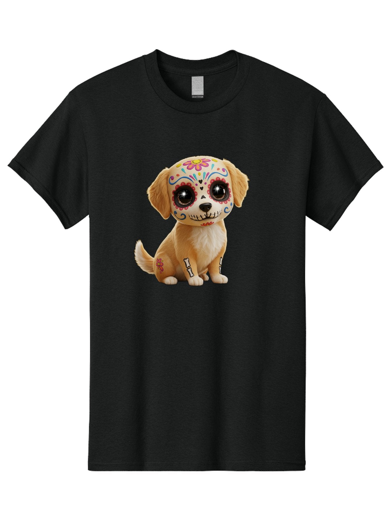 Sugar-Skull-Dog-1 Men'S Graphic Tee, 100% Cotton, Comfortable Casual Summer Wear, Machine Washable, Sugar Skull Dog, Day Of The Dead Puppy, Colorful Tattoos, Sparkly Eyes, Festive Design, Cute Animal, Decorative Art, Vibrant Patterns, Bac498 8
