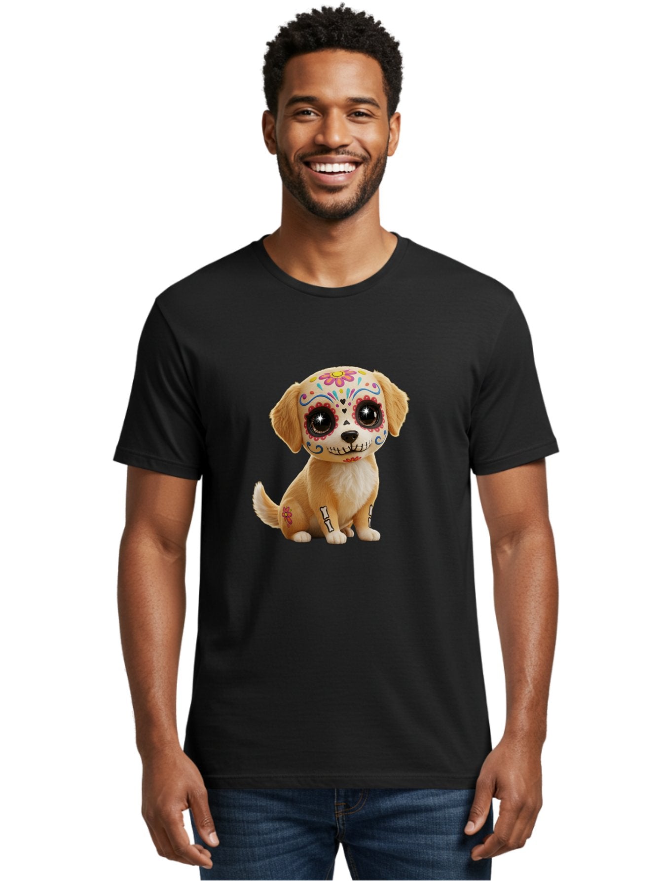 Sugar-Skull-Dog-1 Men'S Graphic Tee, 100% Cotton, Comfortable Casual Summer Wear, Machine Washable, Sugar Skull Dog, Day Of The Dead Puppy, Colorful Tattoos, Sparkly Eyes, Festive Design, Cute Animal, Decorative Art, Vibrant Patterns, Bac498 25