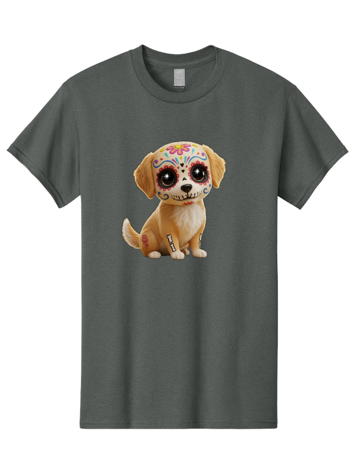 Sugar-Skull-Dog-1 Men'S Graphic Tee, 100% Cotton, Comfortable Casual Summer Wear, Machine Washable, Sugar Skull Dog, Day Of The Dead Puppy, Colorful Tattoos, Sparkly Eyes, Festive Design, Cute Animal, Decorative Art, Vibrant Patterns, Bac498 6