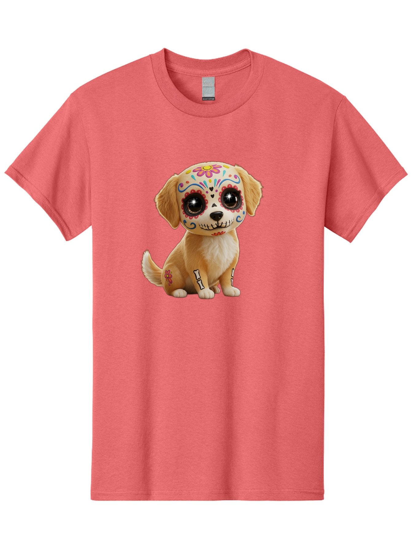Sugar-Skull-Dog-1 Men'S Graphic Tee, 100% Cotton, Comfortable Casual Summer Wear, Machine Washable, Sugar Skull Dog, Day Of The Dead Puppy, Colorful Tattoos, Sparkly Eyes, Festive Design, Cute Animal, Decorative Art, Vibrant Patterns, Bac498