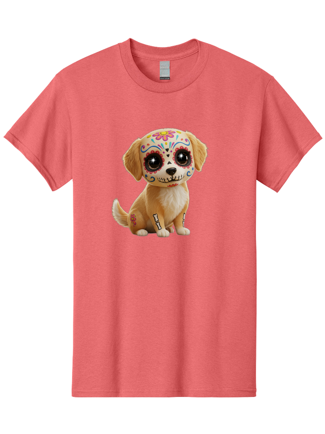 Sugar-Skull-Dog-1 Men'S Graphic Tee, 100% Cotton, Comfortable Casual Summer Wear, Machine Washable, Sugar Skull Dog, Day Of The Dead Puppy, Colorful Tattoos, Sparkly Eyes, Festive Design, Cute Animal, Decorative Art, Vibrant Patterns, Bac498 9