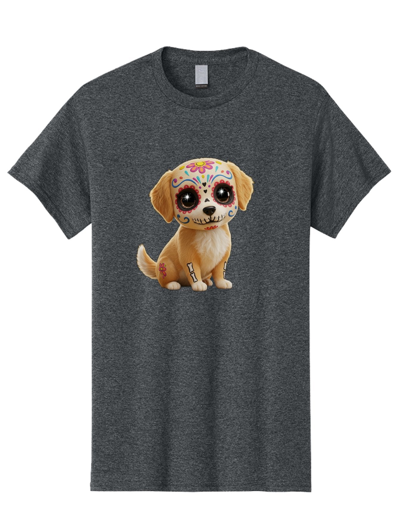 Sugar-Skull-Dog-1 Men'S Graphic Tee, 100% Cotton, Comfortable Casual Summer Wear, Machine Washable, Sugar Skull Dog, Day Of The Dead Puppy, Colorful Tattoos, Sparkly Eyes, Festive Design, Cute Animal, Decorative Art, Vibrant Patterns, Bac498 11