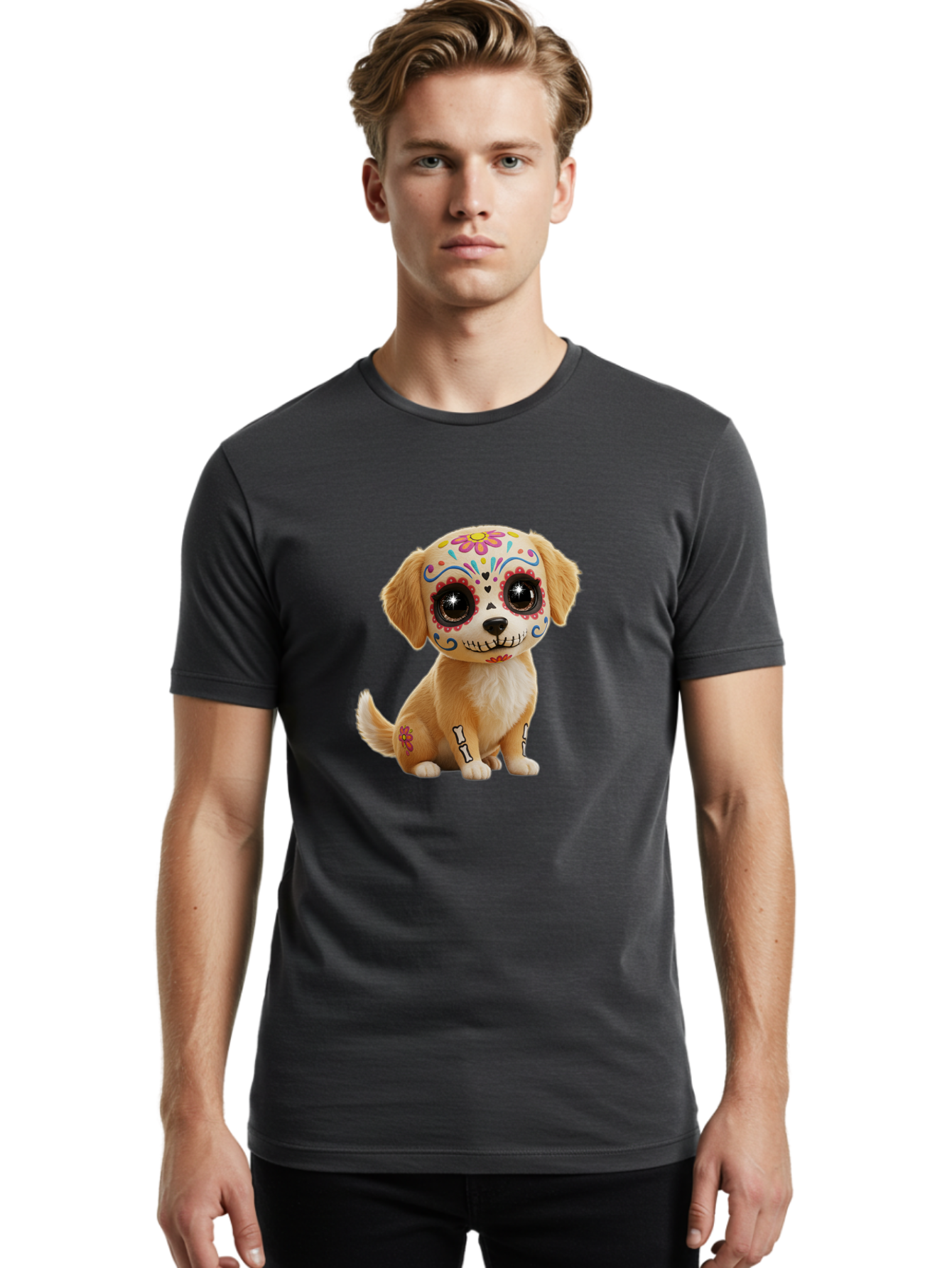 Sugar-Skull-Dog-1 Men'S Graphic Tee, 100% Cotton, Comfortable Casual Summer Wear, Machine Washable, Sugar Skull Dog, Day Of The Dead Puppy, Colorful Tattoos, Sparkly Eyes, Festive Design, Cute Animal, Decorative Art, Vibrant Patterns, Bac498 18