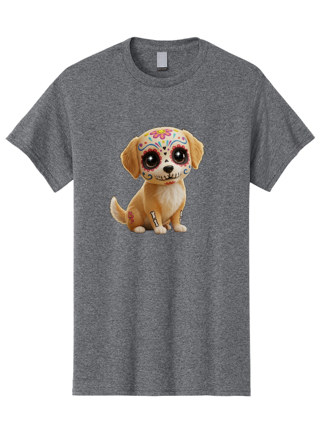 Sugar-Skull-Dog-1 Men'S Graphic Tee, 100% Cotton, Comfortable Casual Summer Wear, Machine Washable, Sugar Skull Dog, Day Of The Dead Puppy, Colorful Tattoos, Sparkly Eyes, Festive Design, Cute Animal, Decorative Art, Vibrant Patterns, Bac498