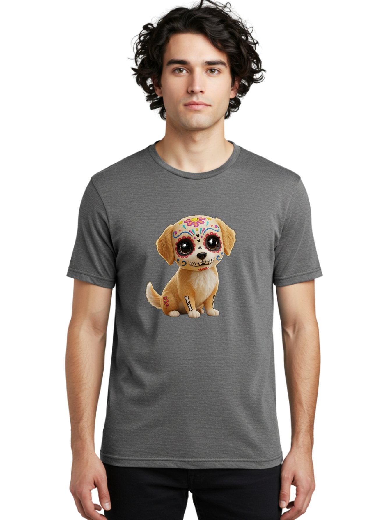 Sugar-Skull-Dog-1 Men'S Graphic Tee, 100% Cotton, Comfortable Casual Summer Wear, Machine Washable, Sugar Skull Dog, Day Of The Dead Puppy, Colorful Tattoos, Sparkly Eyes, Festive Design, Cute Animal, Decorative Art, Vibrant Patterns, Bac498 19