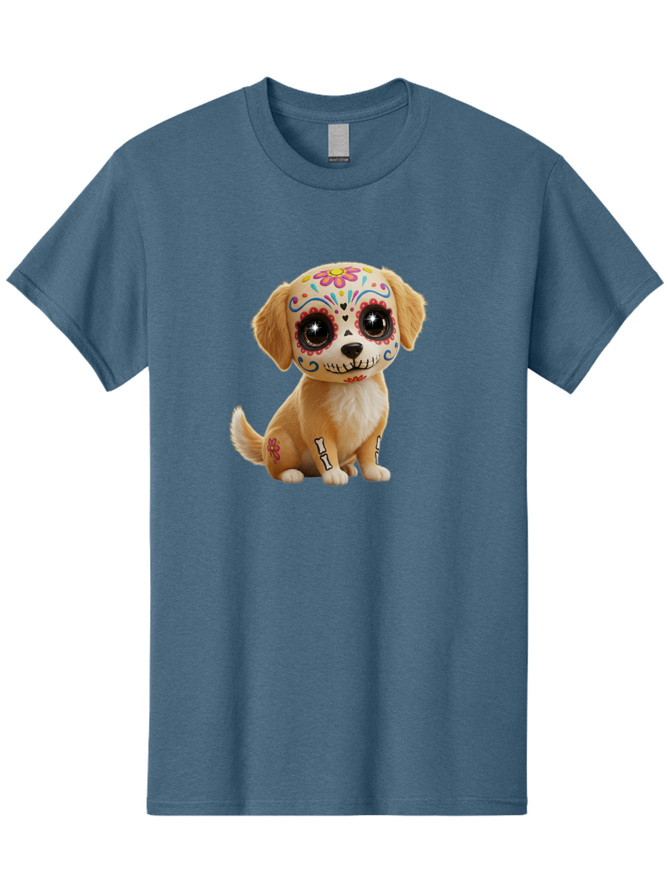 Sugar-Skull-Dog-1 Men'S Graphic Tee, 100% Cotton, Comfortable Casual Summer Wear, Machine Washable, Sugar Skull Dog, Day Of The Dead Puppy, Colorful Tattoos, Sparkly Eyes, Festive Design, Cute Animal, Decorative Art, Vibrant Patterns, Bac498 8