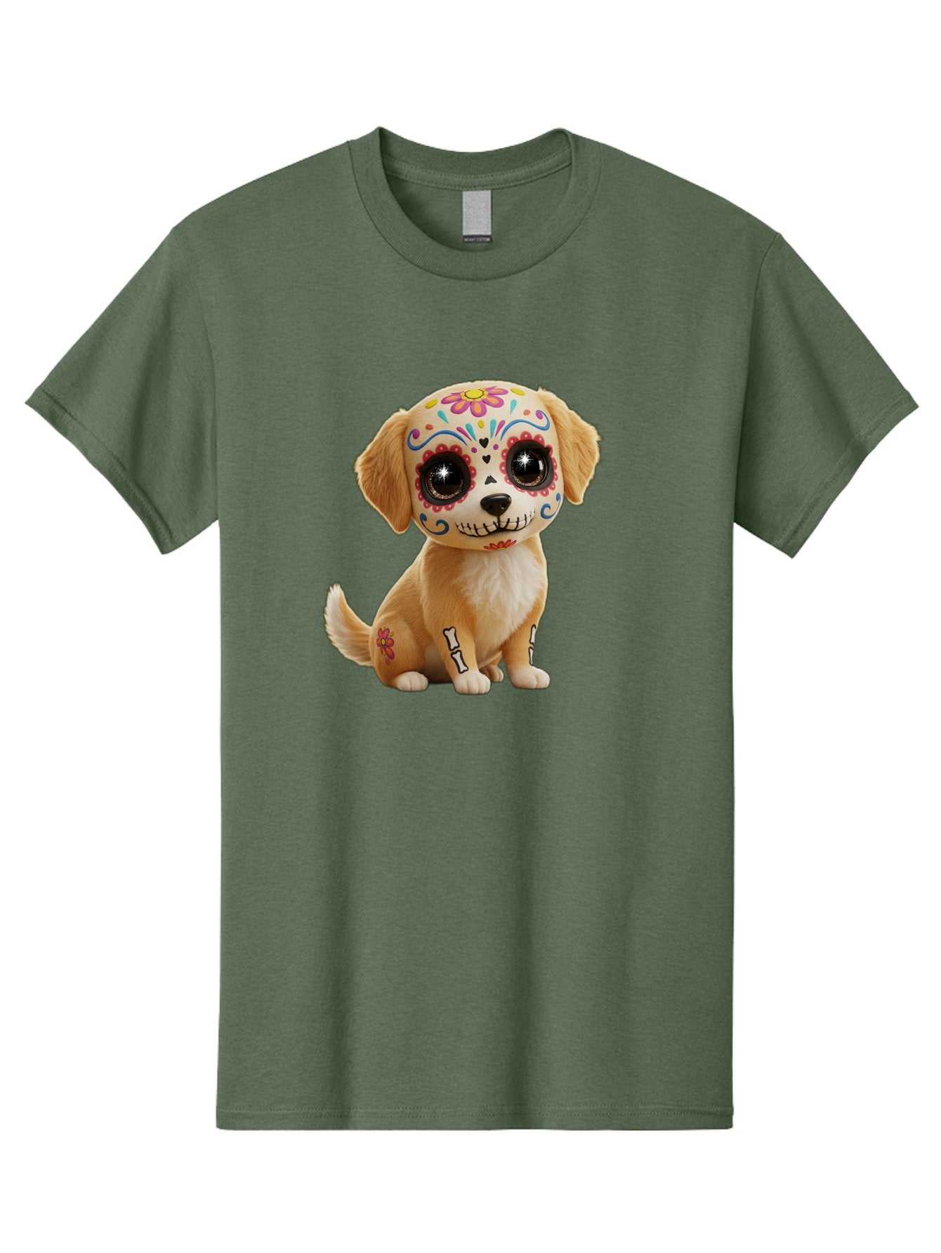 Sugar-Skull-Dog-1 Men'S Graphic Tee, 100% Cotton, Comfortable Casual Summer Wear, Machine Washable, Sugar Skull Dog, Day Of The Dead Puppy, Colorful Tattoos, Sparkly Eyes, Festive Design, Cute Animal, Decorative Art, Vibrant Patterns, Bac498 10